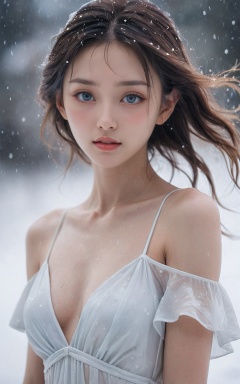 full shot, Glamour Photography, cinematic photo, by Fujifilm Provia 400X, the aperture at f.5.6, professional, [bokeh:0.7], soft Shadow, mid shot, (a 18yo K-pop girl named jingtian) with soaked white slip dress, weep, HALO, realistic skin, cleavage, [heavy breathing:0.5], [night view:0.5], snow, wind, soaked, wet, detailed beautiful face, detailed blue eyes,