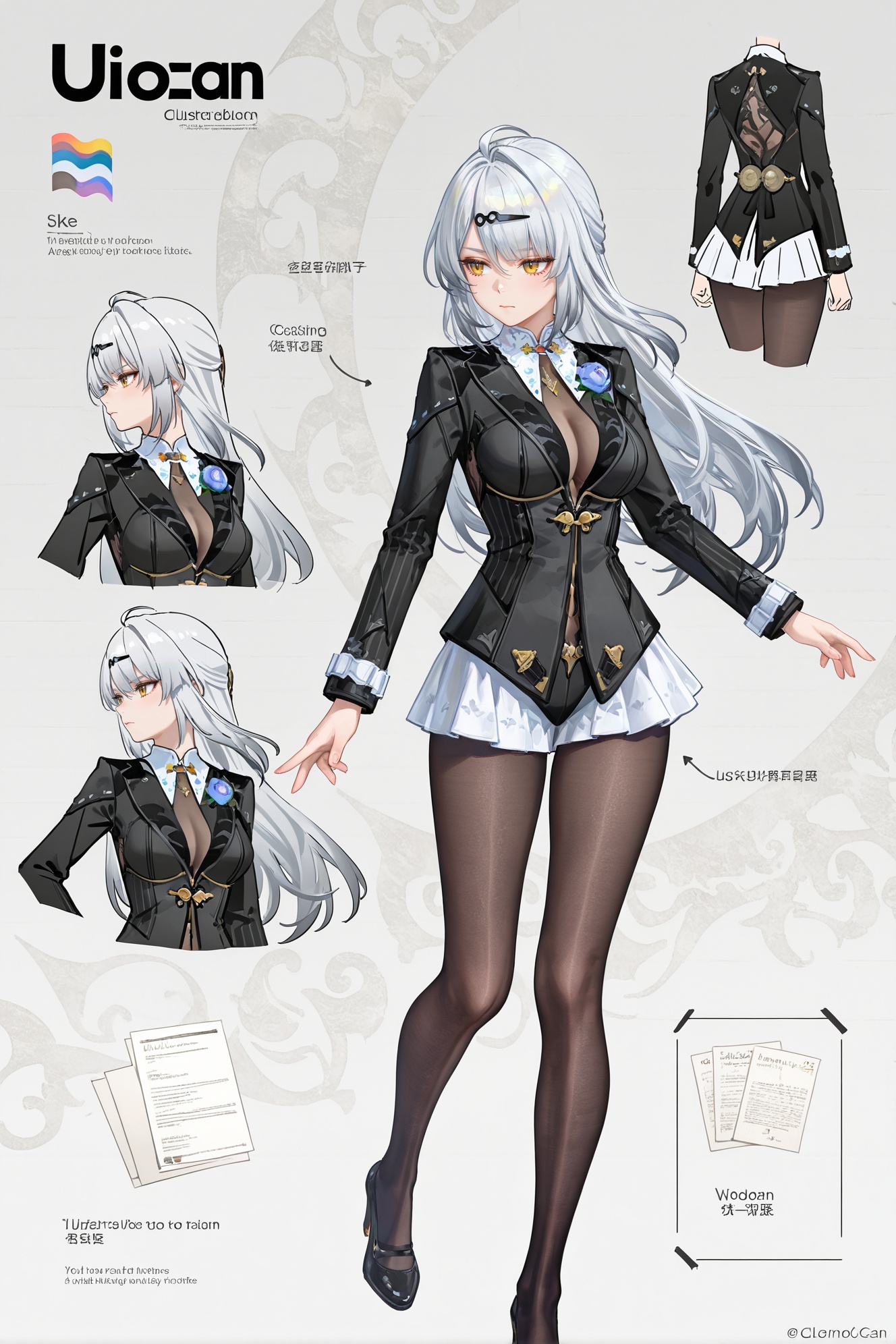 8k,best quality,masterpiece,(ultra-detailed),(high detailed skin),((artist:reoen),(artist:fuzichoco),(artist:atdan),(artist:torino_aqua),year 2024:0.8)1girl,[artist:wlop],[artist:ningen_mame],artist:ciloranko,[[artist:rhasta]],artist:tidsean,colorful,(multiple views),pencil sketch,(sketch:1.25),shy,best quality,graphite \\(medium\\),ske,gradient,rainbow,note,Line draft,highres,absurdres,(ultra-detailed:1.1),(illustration:1.1),(infographic:1.2),(all clothes configuration:1.15),(solo),perfectly drawn hands,standing,cohesive background,paper,action,(character design:1.1),reference sheet,yixuan \(Zenless Zone Zero\), silver hair, black hairclip, 1girl, long hair, yellow eyes, breasts<lora:yixuan-moxin-ill-Tanger:0.8>,clothes: moxing black suit,white  ruffled underdress peeks,attached auxiliary sleeves,black pantyhose,moxing black suit jacket,