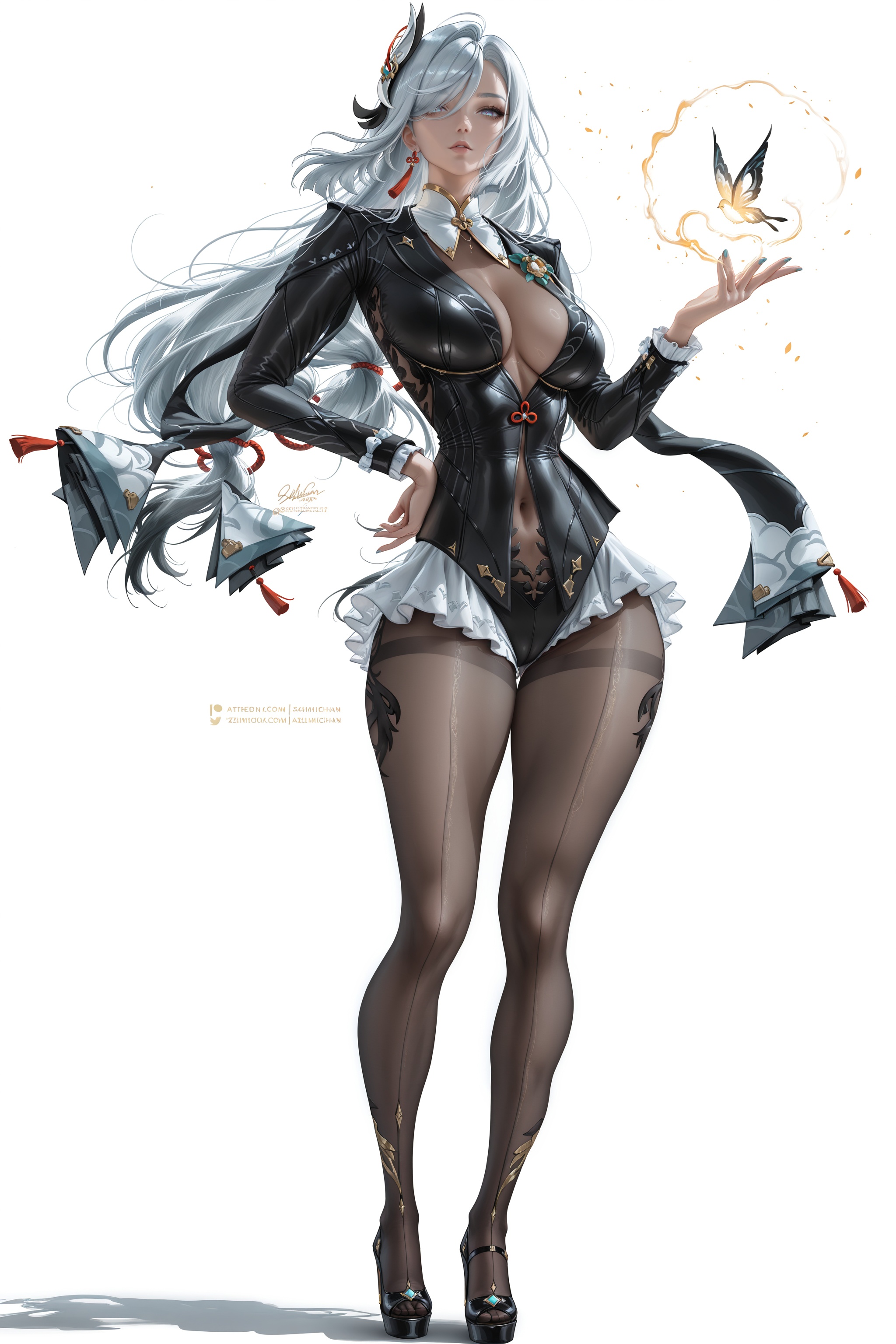 (8k:0.9),best quality,masterpiece,(ultra-detailed),(high detailed skin),masterpiece,best quality,artist:zd_1995,artist:OlchaS,artist:sakimichan,sakimichan \(style\),jijia,2d,ambient light,full body,full shot,standing,looking at viewer,(solo:1.2),simple background,(white background:1.2),hand on own hip,(white background:1.1),shenhe \(genshin impact\),<lora:yixuan-moxin-ill-Tanger:0.85>,clothes: moxing black suit,white  ruffled underdress peeks,attached auxiliary sleeves,black pantyhose,moxing black suit jacket,