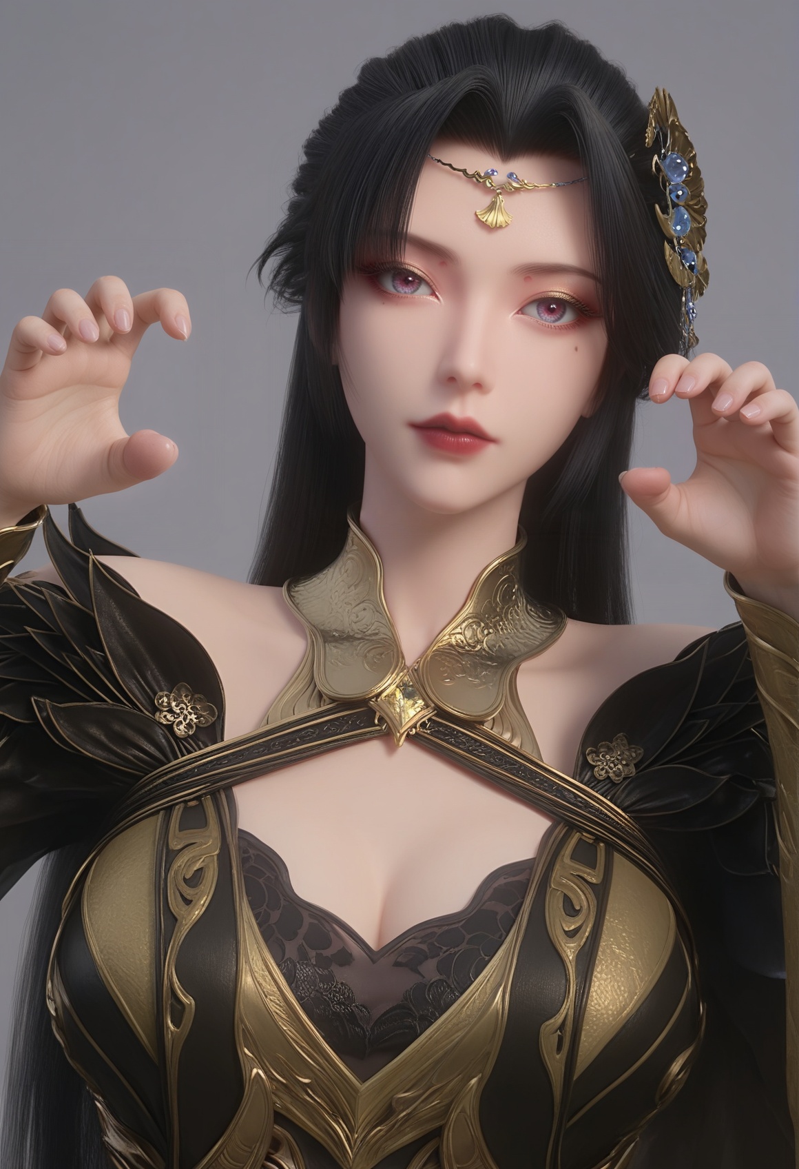 (score_9),<lora:柳如烟-rain:0.8>,lry,(mature_female),solo,long hair,hair ornament,black hair,mole under eye,detached collar,forehead jewelry,wrist guards,dress,sleeve,<lora:perfect eyes_v1:1>,bright pupils,looking at viewer,front view,<lora:Expressive_H-000001:0.8>,(claw_pose:1.1),bright pupils,upper body, (glamor:1.2),curvy,collarbone,pointy breasts,puffy breasts,large breasts,narrow waist,simple background,grey background,