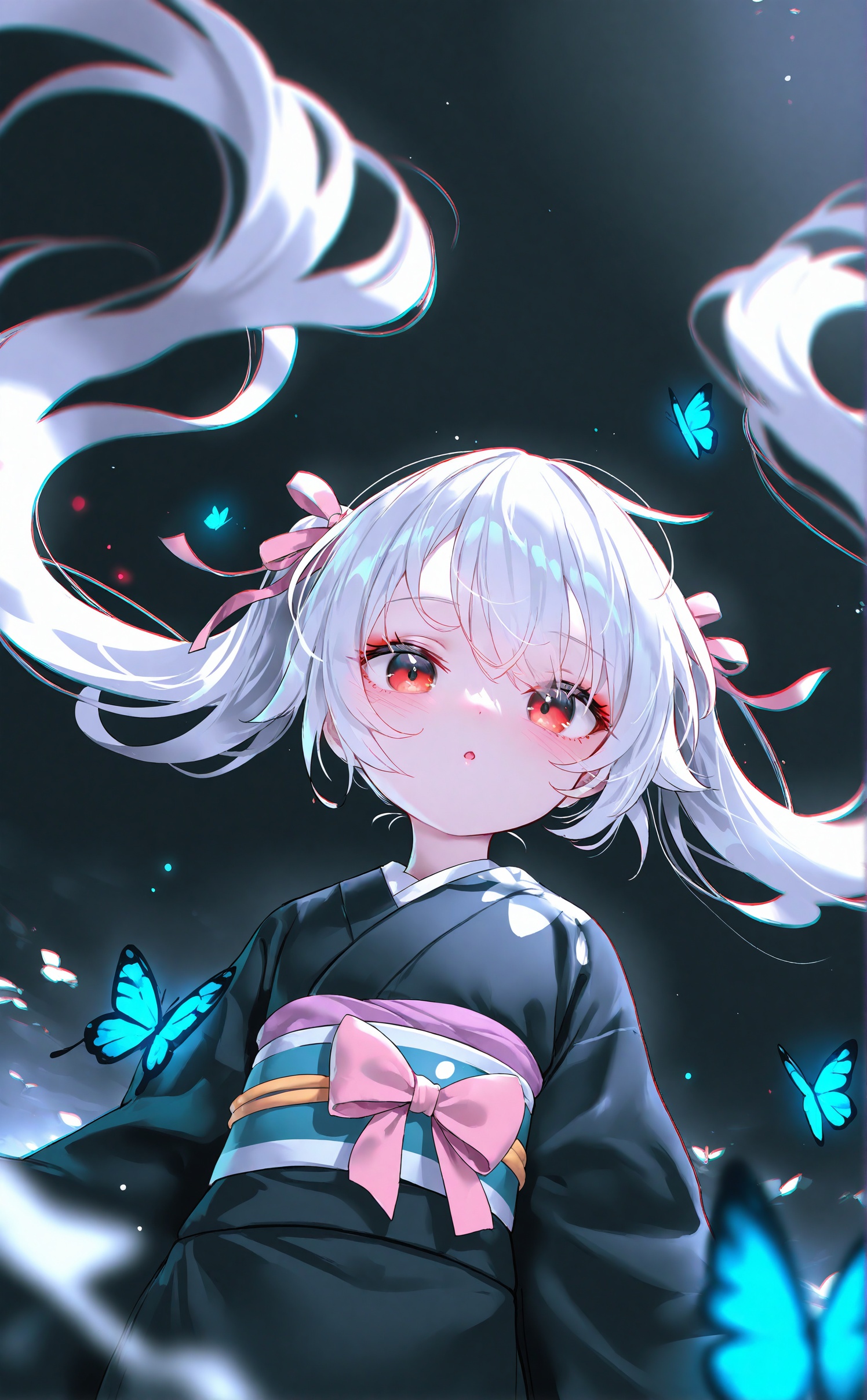 masterpiece,very aware,highres,absurdres,newest,best quality,loli,petite,high quality,chromatic_aberration,cinematic_angle,dutch angle,//1girl,bug,obi,kimono,butterfly,sash,solo,twintails,japanese clothes,black kimono,red eyes,long hair,parted lips,ribbon,hair ribbon,very long hair,white hair,looking at viewer,blush,depth of field,animal,blurry foreground,long sleeves,blurry,upper body,:o,pink ribbon,black background,floating hair,black ribbon,wide sleeves,pink bow,bow, <lora:Komachan:1>