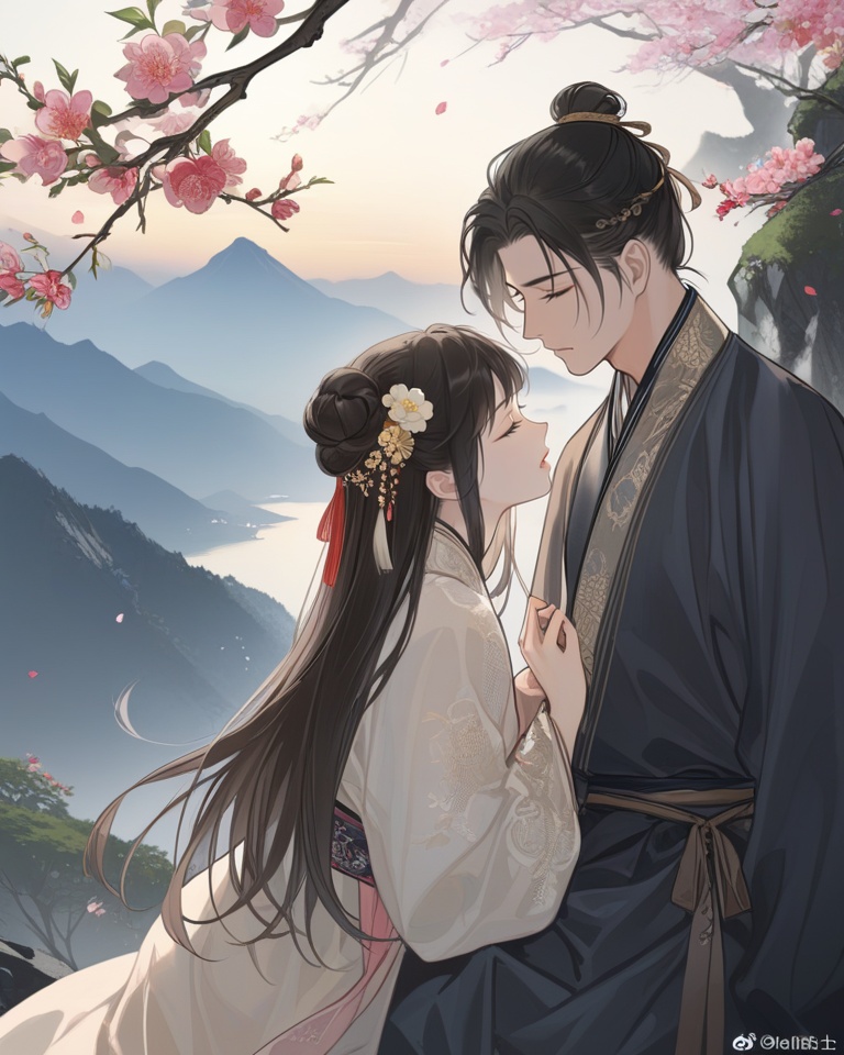 (best quality), ((masterpiece)), (highres), illustration, original, extremely detailed, <lora:Old wind:0.7>licg, 1girl, flower, 1boy, hair ornament, hair bun, black hair, single hair bun, branch, mountain, jewelry, long hair, chinese clothes, hair flower, long sleeves, hetero, closed eyes