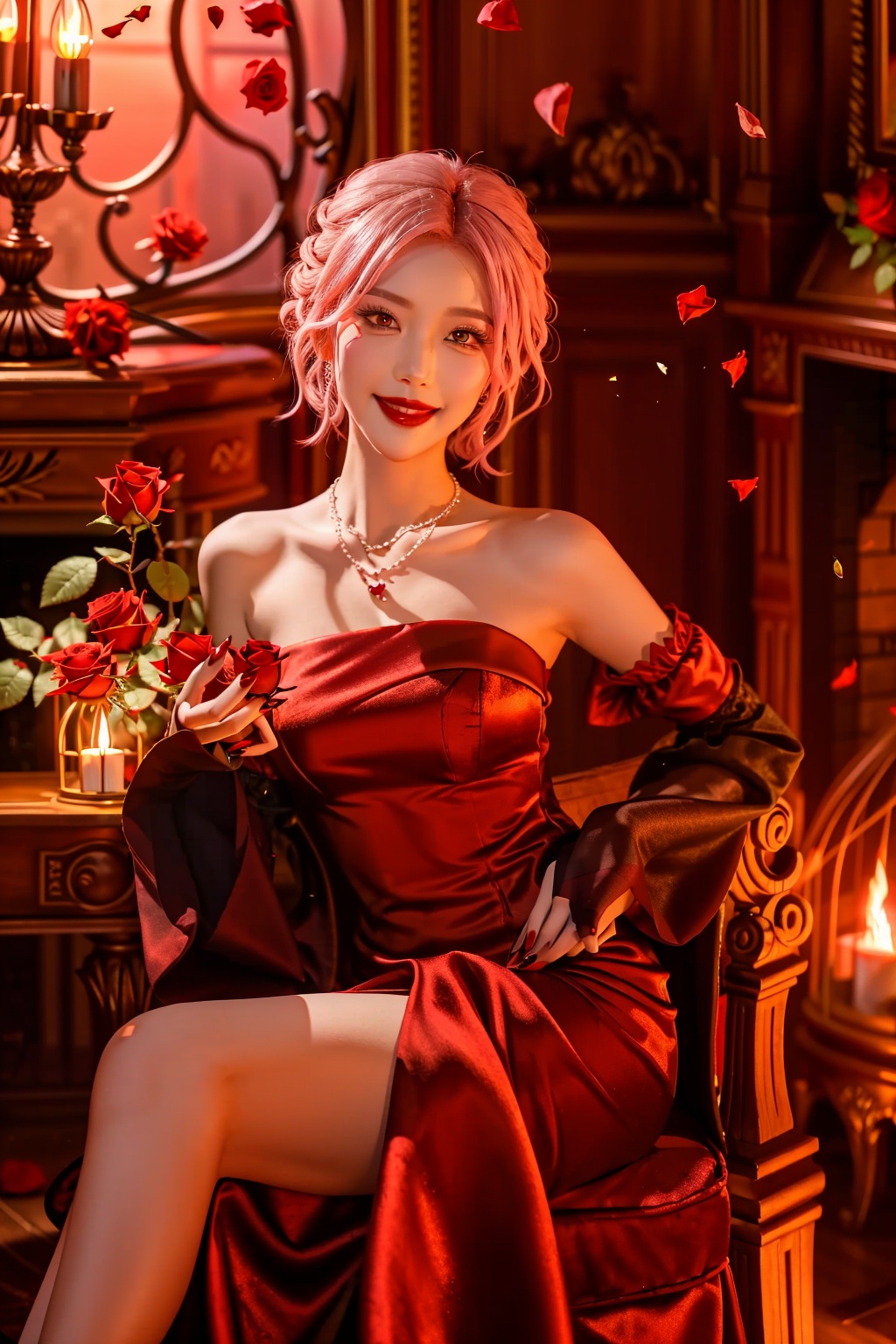 local blur,air expansion,air manipulation,fire-rose,rose petals,warm light,fire light,night,fireplace fire,fire,flame,candle in cage,flying sparks,spark,particle effects,flying rose petals,roses,bridal gauntlets,backless outfit,bare shoulders,rdssd-red-detached-sleeves-sleeve-dress,1girl,solo,pink hair,jewelry,red nails,sitting,red eyes,necklace,petals,looking at viewer,detached sleeves,forehead mark,stairs,indoors,flower,makeup,facial mark,red lips,candle,nail polish,smile,strapless dress,cup,lipstick,chair,breasts,strapless,lamp,short hair,drinking glass,forehead jewel,rose,wine glass,window,roses background,<lora:fire-rose:0.6>,