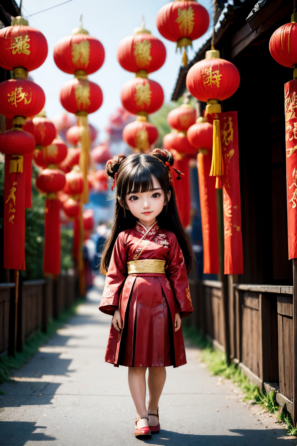 <lora:ChineseNewYear:0.8>, chinese new year, girl, (smirk:-0.4), long hair, arms at sides, red chinese clothes, paper lantern, full body, leather shoes, (chibi:0.5),