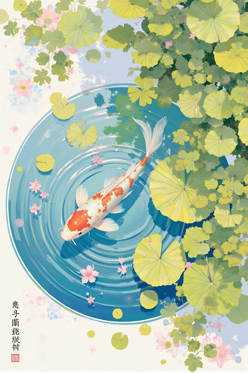 beijihui,An eye-level painting of a goldfish swimming in a pond. The goldfish is facing the left side of the frame, its long tail trailing behind it. The background of the painting is a light blue, with a pattern of green leaves and pink flowers scattered throughout it. To the right of the goldfish, there is a large green leaf floating on the surface of the pond.