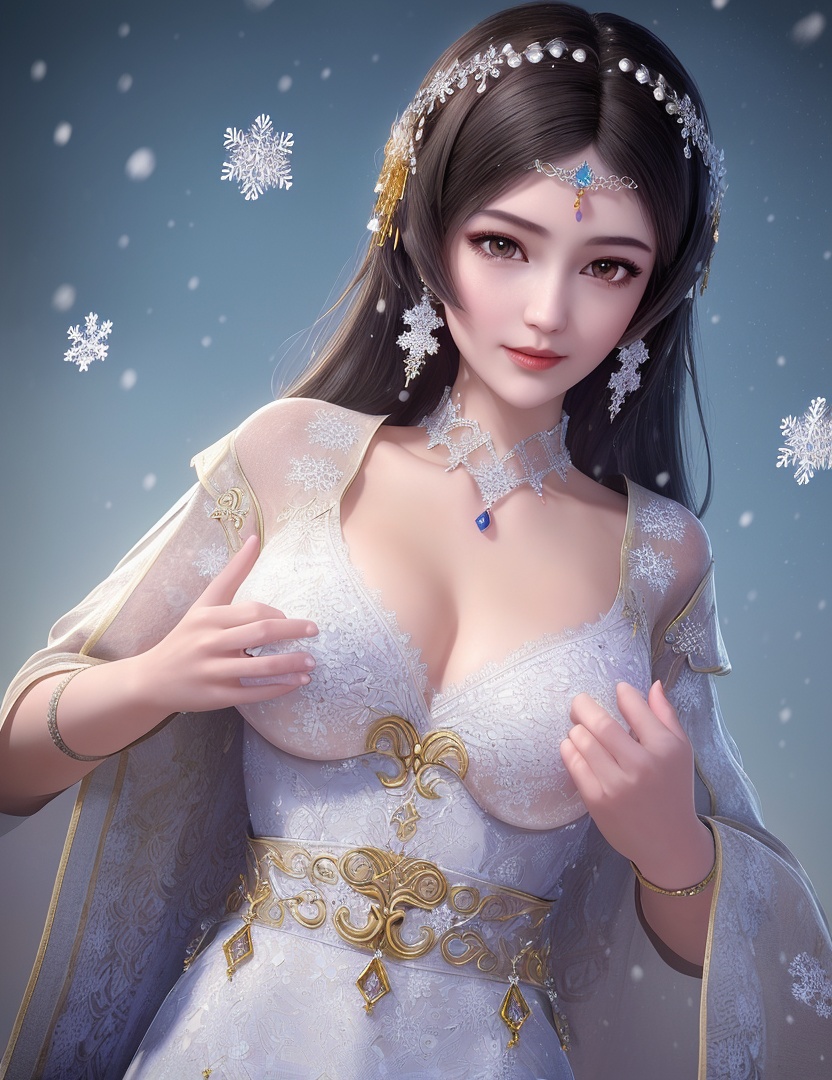 ultra realistic 8k cg, flawless, clean, masterpiece, professional artwork, famous artwork, cinematic lighting, cinematic bloom, perfect face, beautiful face, fantasy, dreamlike, unreal, science fiction,   lace, lace trim, lace-trimmed legwear, luxury, jewelry, diamond, gold, pearl, gem, sapphire, ruby, emerald, intricate detail, delicate pattern, charming, alluring, seductive, erotic, enchanting, hair ornament, necklace, earrings, bracelet, armlet,halo,autumn,((,1girl, pov,best quality, ))  , ((((1girl, solo,outdoors, large breasts,,snowflakes,  snow, snowing,   ))))    <lora:DA_BaiCai:0.7>