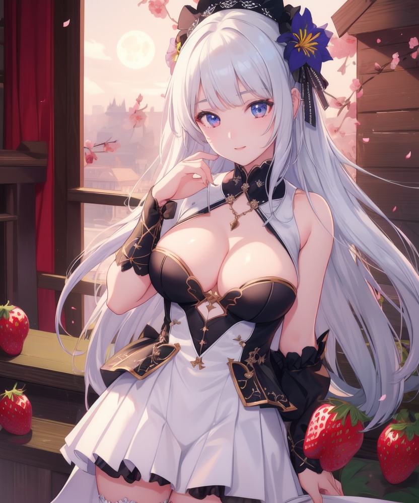 (,1girl, ,best quality, ),looking at viewer, <lora:457-DA-天启姬:0.8> ,ultra detailed background,ultra detailed background,ultra realistic 8k cg, , ,masterpiece, (( , )),, ultra realistic 8k cg, ,      ,lily \(flower\) ,full moon ,strawberry blossoms      (cleavage), (),
