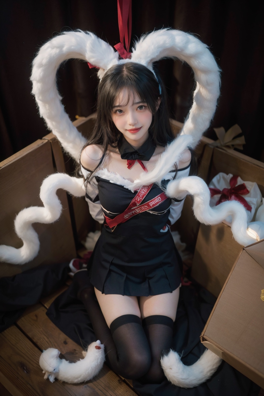 1girl,<lora:MengX girl_Mix_V40_TEST3(2.5):0.9>,  <lora:suspension:1>,large breasts, spread legs, happy, (girl in gift box), full body, from above, 8k, RAW photo, best quality, masterpiece:1.2, cinema), (realistic, photo-realistic:1.3), bondage, in box, bound, box, ribbon, looking at viewer, blush, stuffed toy, kneeling,facing up, hair, gift, christmas,christmas present, (gift box:1.1), bound wrists, ribbon bondage,  <lora:GiftInBoxV1:0.9>,(blush,body blush:1.3), (blackmail:1.1), school uniform,black thighhighs, (zettai ryouiki:1.1), parted lips, small breasts,happy,cold,kawaii,cute,(white cat ears:1.2),(white cat tail with a chimunge:1.2), 