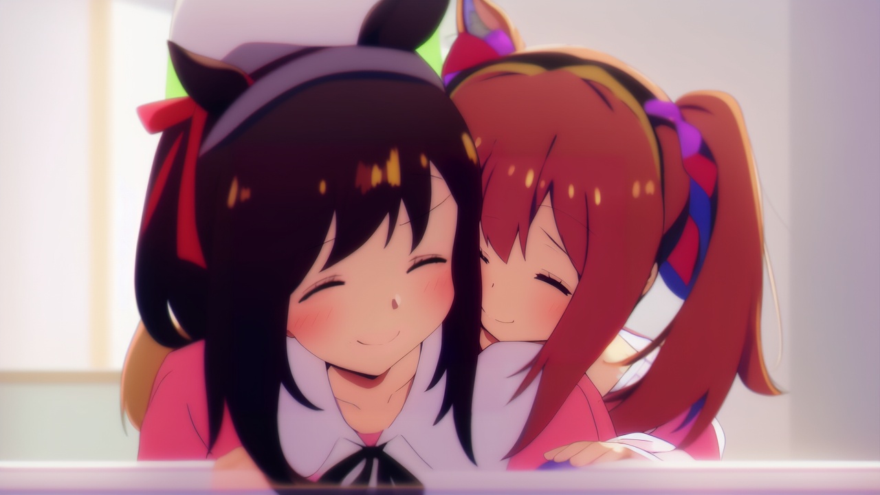 multiple girls,2girls,horse ears,animal ears,closed eyes,black hair,smart falcon (umamusume),brown hair,horse girl,hat,blush,twintails,smile,ribbon,collarbone,blurry,bangs,yuri,casual,closed mouth,hair ribbon,medium hair,eishin flash (umamusume),window,<lora:budangge:1>,