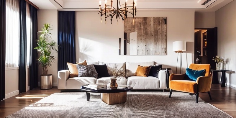 Modern Low Luxury Style,Realistic details,Indoor photography,day,indoors,english text,pillow,book,no humans,window,chair,table,sunlight,curtains,scenery,couch,wooden floor,lamp,cushion,carpet,