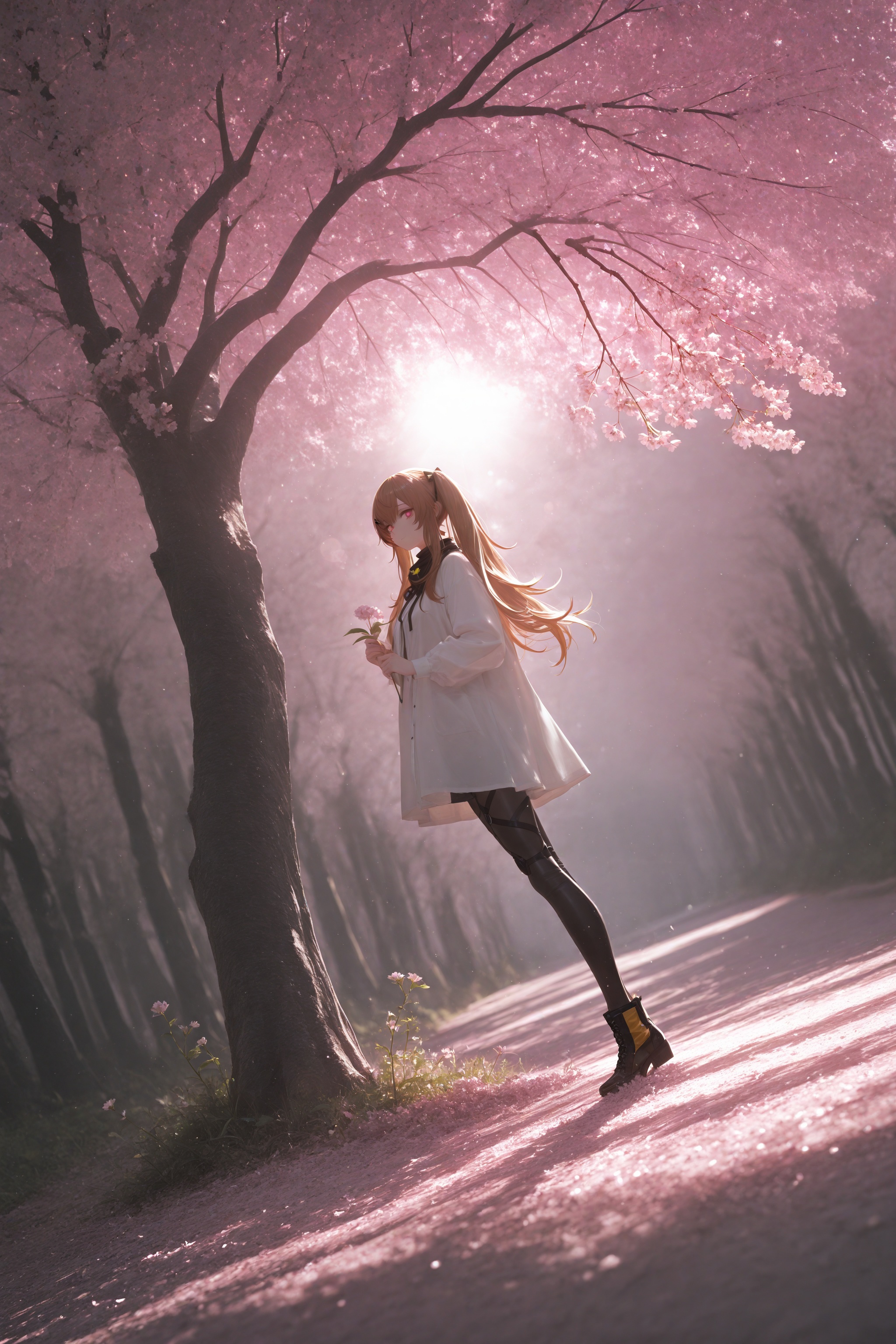 ump9 \(girls' frontline\),girls' frontline,standing under the cherry tree,ready to pick flowers,masterpiece,best quality,amazing quality,very aesthetic,absurdres,newest,in the style of fashion photography,light particles,cinematic lighting,Visual impact,sharp focus,Emotionalization,impactful picture,lens flare,depth of field,dynamic pose,dutch angle,extreme aesthetic,