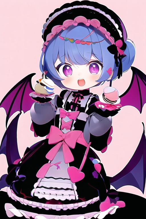 CH,high contrast,1Girl,solo,looking at the audience,blue blue smile,short hair,open mouth,bangs,black hair accessories,long sleeves,black and red Gothic Lolita,bow,holding,jewelry,headband,food,demon wings,demon tail,Lolita fashion,Gothic Lolita,Lolita headband,macaron,purple background,
