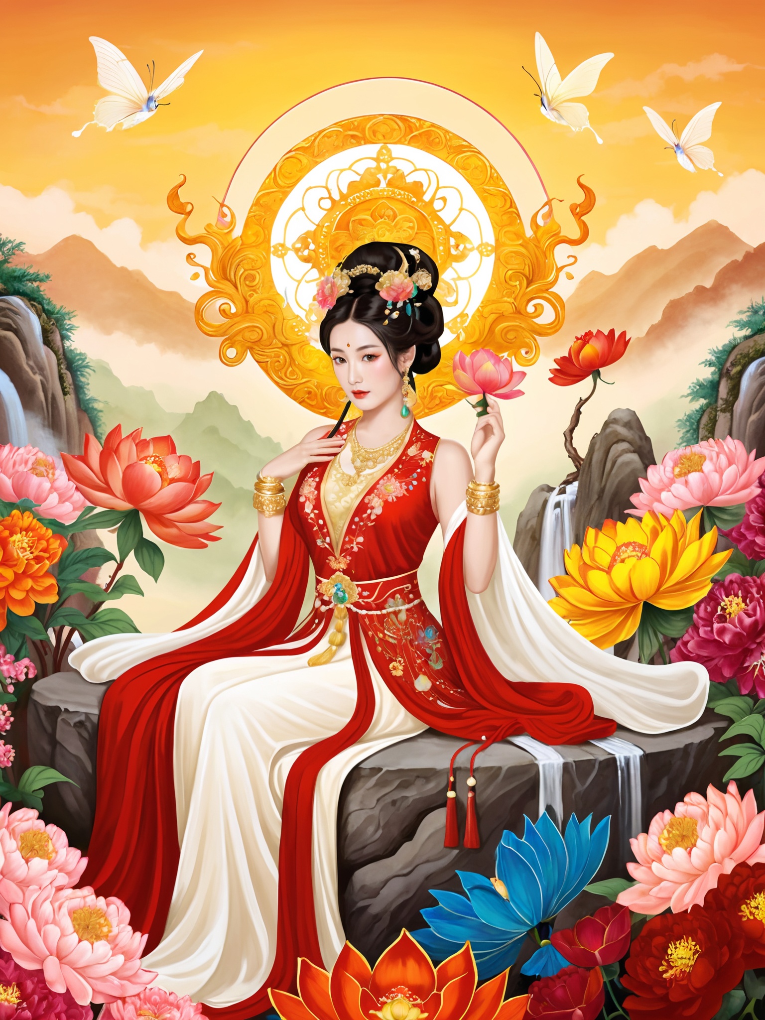 Goldeneast,illustration,chinese ink painting,myth,asian,a beautifully detailed statue of a woman,possibly representing a deity or a goddess,sitting in a meditative pose. She is adorned with intricate jewelry and accessories,and her attire is elaborate. The statue is illuminated,She holds a lotus flower in one hand,which is often symbolic of purity and enlightenment in various cultures.,backgroung is Chinese Dragon,alluring,enchanting,extremely beautiful,wearing a red Tang style dress,multiple colors,high definition,Rich in intricate details,crazy colors,Chinese fan,peony flowers,photo,professional photographyBJ_Sacred_beast_Illustration,a dazzling background,light particles,glowing butterflies,