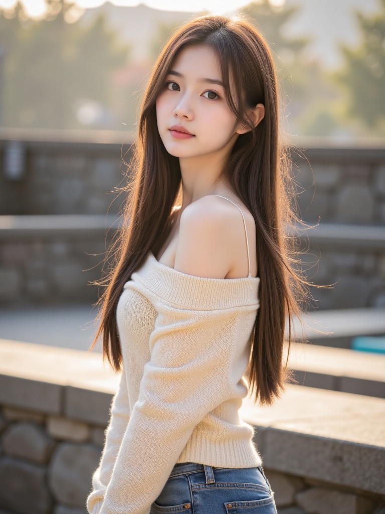 Perfect,Perfect A photograph of a young Asian woman with long, straight brown hair, wearing a cream-colored off-shoulder sweater and blue jeans, standing outdoors in a sunlit urban setting. She has fair skin, a slender physique, and a soft expression. The background features blurred trees and a stone wall. 