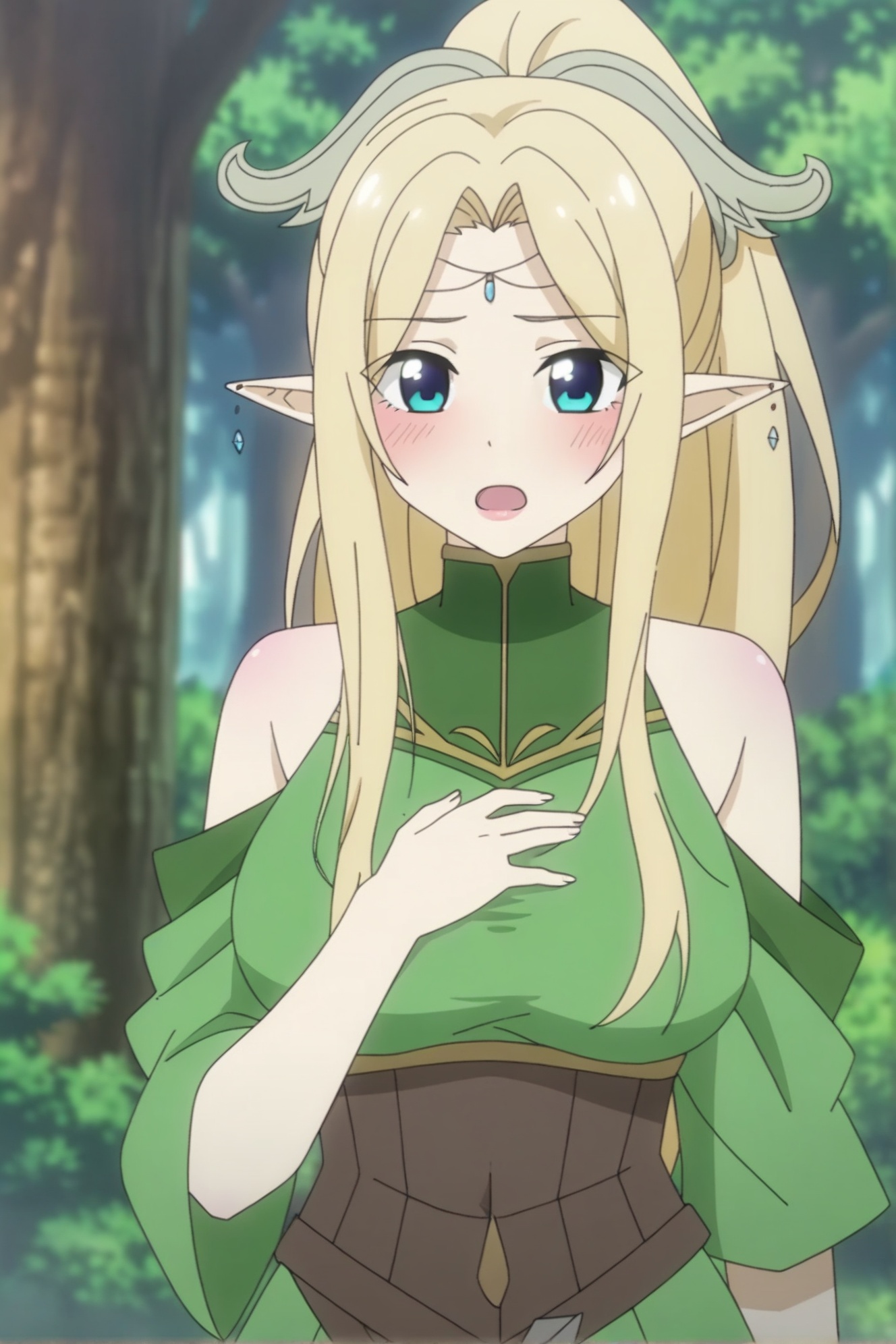 Ohendeku,1girl,pointy ears,elf,blonde hair,solo,long hair,tree,looking at viewer,forest,blue eyes,nature,blush,breasts,bare shoulders,ponytail,open mouth,outdoors,hand on own chest,circlet,upper body,anime coloring,large breasts,dress,