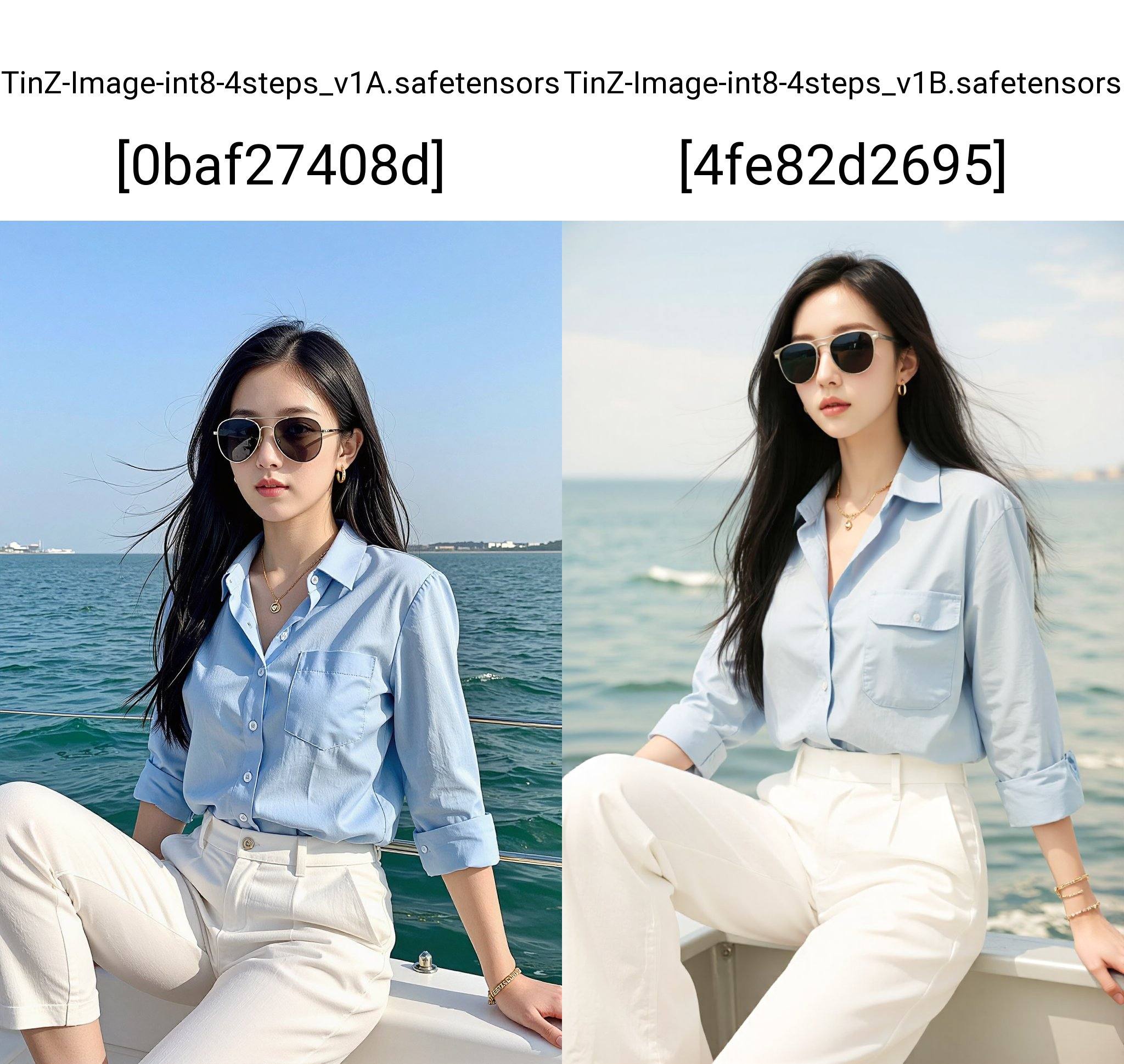 This is a high-resolution photograph of a young woman sitting on a boat,  likely on a sunny day,  given the bright blue sk...