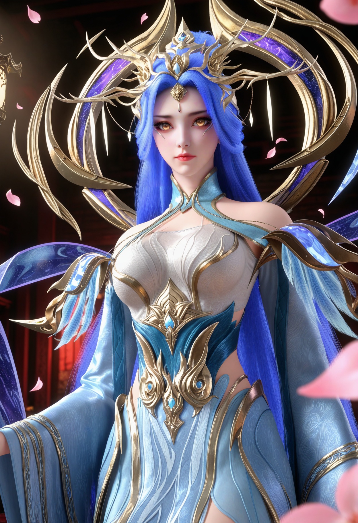 (looking at viewer:1.1),(Dark room:1.3),(moody lighting:1.1),peach blossom,falling petals,medium breasts,zetiannvdi,1girl,solo,long hair,blue hair,hair ornament,dress,closed mouth,long sleeves,bare shoulders,detached sleeves,yellow eyes,wide sleeves,makeup BREAK masterpiece,(best quality),(intricate details:0.9),(realistic skin:1.2),<lora:QQSillzetiannvdiV1:0.8>,