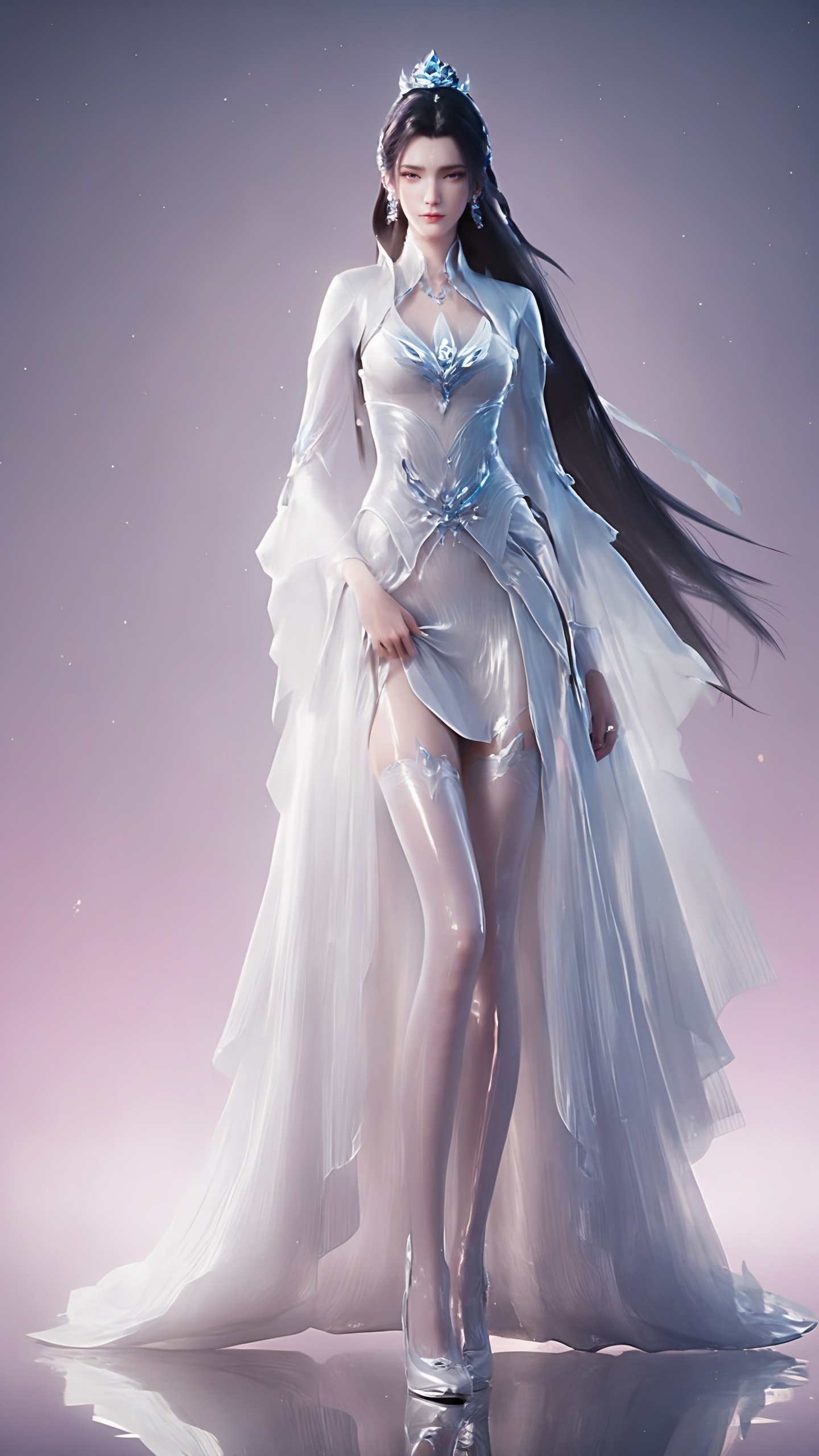 score_9,score_8_up,score_7_up,<lora:陆雪琪-吐司>,<lora:Pony_DetailV2.0:0.8>,<lora:皮肤凹痕:0.4>,Jlxq,1 girl,solo,long hair,black hair,hair accessories,dress,jewelry,earrings,indoor,white dress,stand,silver point-toe pumps,long legs,shiny_skin,oil,posing,the background is gorgeous and colorful,pink gradient background,purple gradient background,looking_at_viewer,full_shot,very long legs,light effect particles,color light and shadow,color light,hair covering chest,hair covering cleavage,pantylines,thighhighs_pull,ground specular reflection,