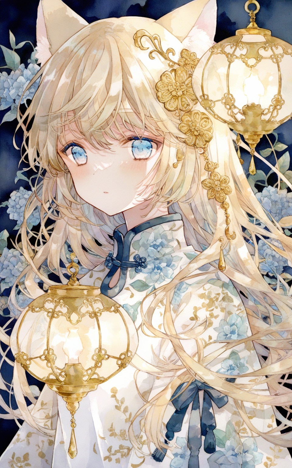 watercolor,transparent,dynamic_outline,Nai3 style,1girl,anime-style character,anime character,gold accents,long blonde hair,cat ears,intricate designs,floral patterns,blue eyes,chandeliers,lanterns,