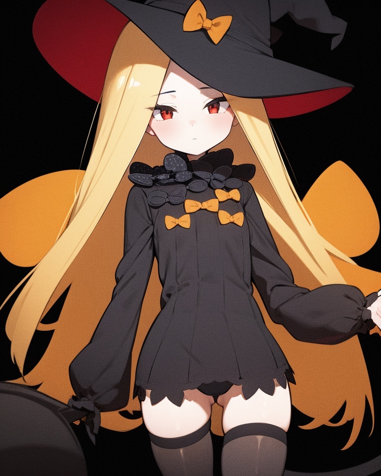 1girl, abigail williams \(fate\), hat, long hair, witch hat, blonde hair, red eyes, bow, solo, stuffed toy, keyhole, teddy bear, stuffed animal, orange bow, single thighhigh, key, looking at viewer, thighhighs, black bow, parted bangs, black headwear, underwear, polka dot, black panties, polka dot bow, panties, revealing clothes, small breasts