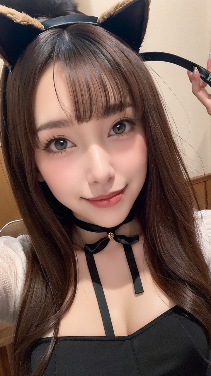 <lora:沙月芽衣-1:0.6>,syyy, 1girl, solo, animal ears, realistic, brown hair, brown eyes, fake animal ears, looking at viewer, cat ears, bell, choker, smile, selfie, traditional media, ribbon, short sleeves, bangs, neck bell, nail polish, lips, jingle bell, upper body, dress, long hair, fingernails, black dress