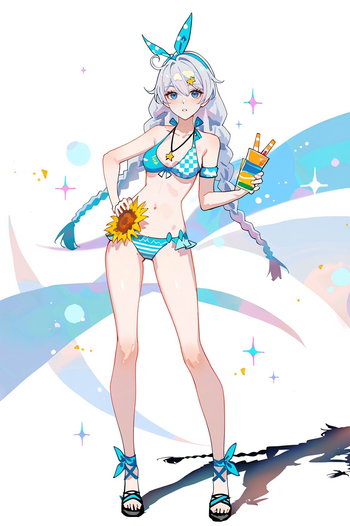 8k, best quality, masterpiece, (ultra-detailed), (high detailed skin), ((artist:reoen),(artist:fuzichoco),(artist:atdan),(artist:torino_aqua),year 2024:0.8)1girl, [artist:wlop], [artist:ningen_mame], artist:ciloranko, [[artist:rhasta]], artist:tidsean, colorful, detailed light, light leaks, sunlight, bokeh, blurry foreground, ray tracing, lens flare, cinematic lighting, full body, full shot, standing, looking at viewer, (solo:1.2), simple background, (white background:1.2), hand on own hip, (white background:1.1), <lora:kiana-young-noob-Tanger:0.8>, kiana kaslana, bilan, bilan bikini, 9th clothes, 1girl, sunflower, blue eyes, swimsuit, jewelry, braid, long hair, twin braids, necklace, blue hairband, bangs, blue bikini, sandals, navel, sunflower on the waist, A full-body portrait of a young girl, standing gracefully, pastel art style, high-key lighting, shoujo manga influence, hd quality, delicate details, 