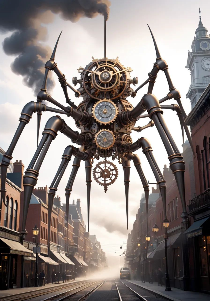 highres,  best quality,  Illustration of a towering metal spider with intricate gears and cogs on Tensor.Art