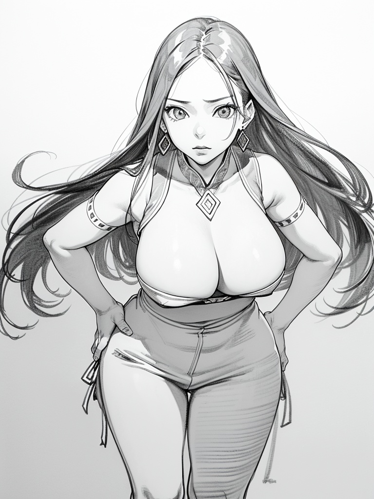((Character Sketch XCYP), (Black  and  White Pen  and  Ink Drawing: 2.0), High Abstract, Minimalist Style, Thick Lines, Smooth Lines, Clean, Perfect Composition, High Contrast, Strong Black  and  White Contrast, Masterpiece, Award-Winning Piece, Best Quality, Masterpiece, 8K, High Resolution.)perfect hand."One Piece" [serious: 1girl,boa_hancock,1girl,waistband,hanfu,solo,earrings,large_breasts,looking_at_viewer,standing split,hands on own hips:0.1], masterpiece, best quality, 