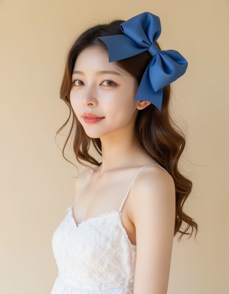 A photograph features a young Asian woman with fair skin and a slender build. She has wavy, light brown hair adorned with a large, satin blue bow. Her makeup is subtle, with a natural look. She wears a white, sleeveless, textured dress with delicate floral patterns. Her expression is calm and serene as she gazes slightly to the side. The background is a plain, light beige, ensuring the focus remains on her. The image has a soft, dreamy quality, emphasizing elegance and innocence.