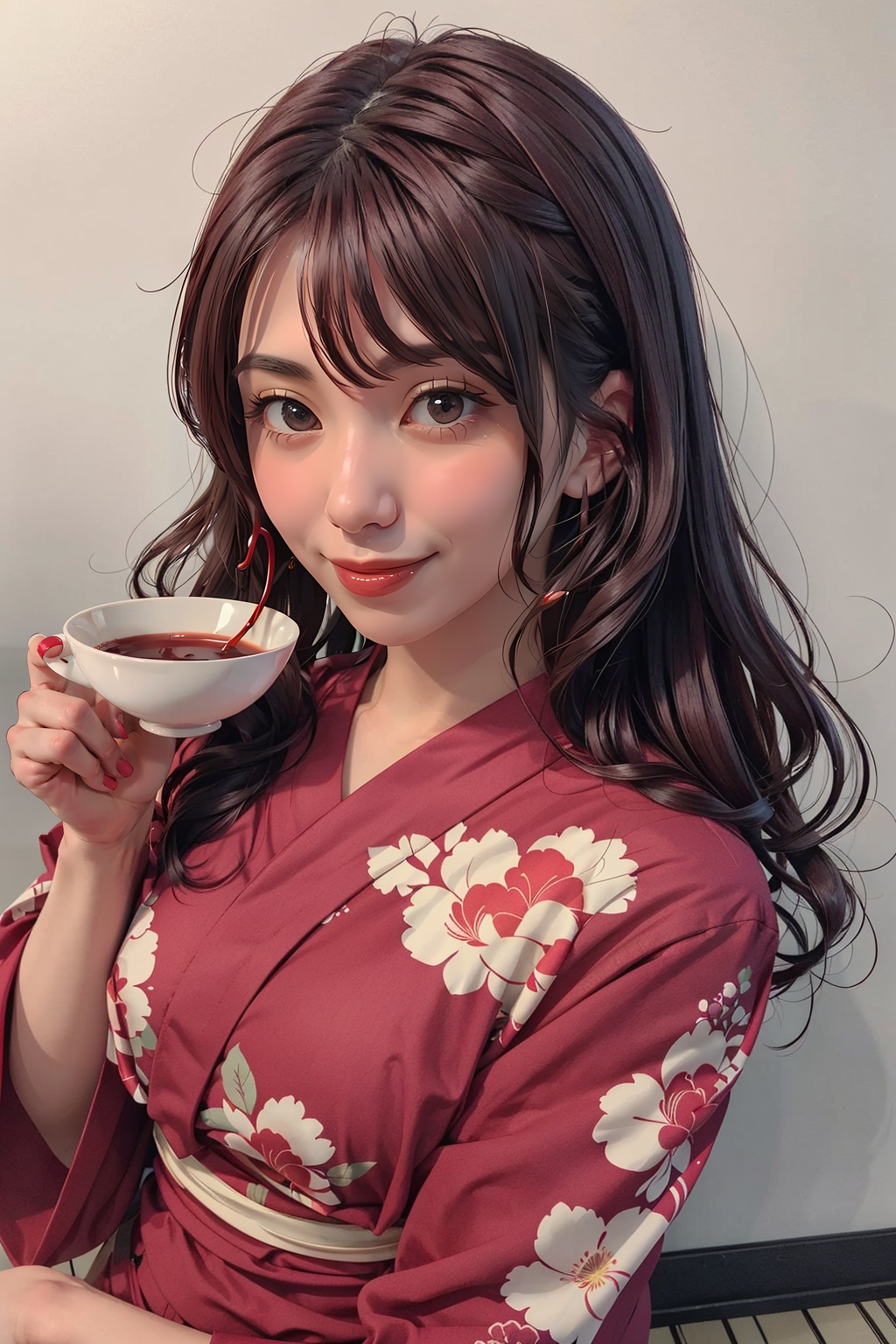 (masterpiece, best quality,top quality),1girl,solo,realistic,cup,long hair,smile,closed mouth,wavy hair,red wine cup,holding cup in right hand,lips,upper body,yukata,japanese clothes,indoos,restaurant,rlooking at viewer,simple background,sake,front view,<lora:aika_yamagishi-v05:0.8>,aika yamagishi,<lora:neg4all_bdsqlsz_V3.5:0.8>,
