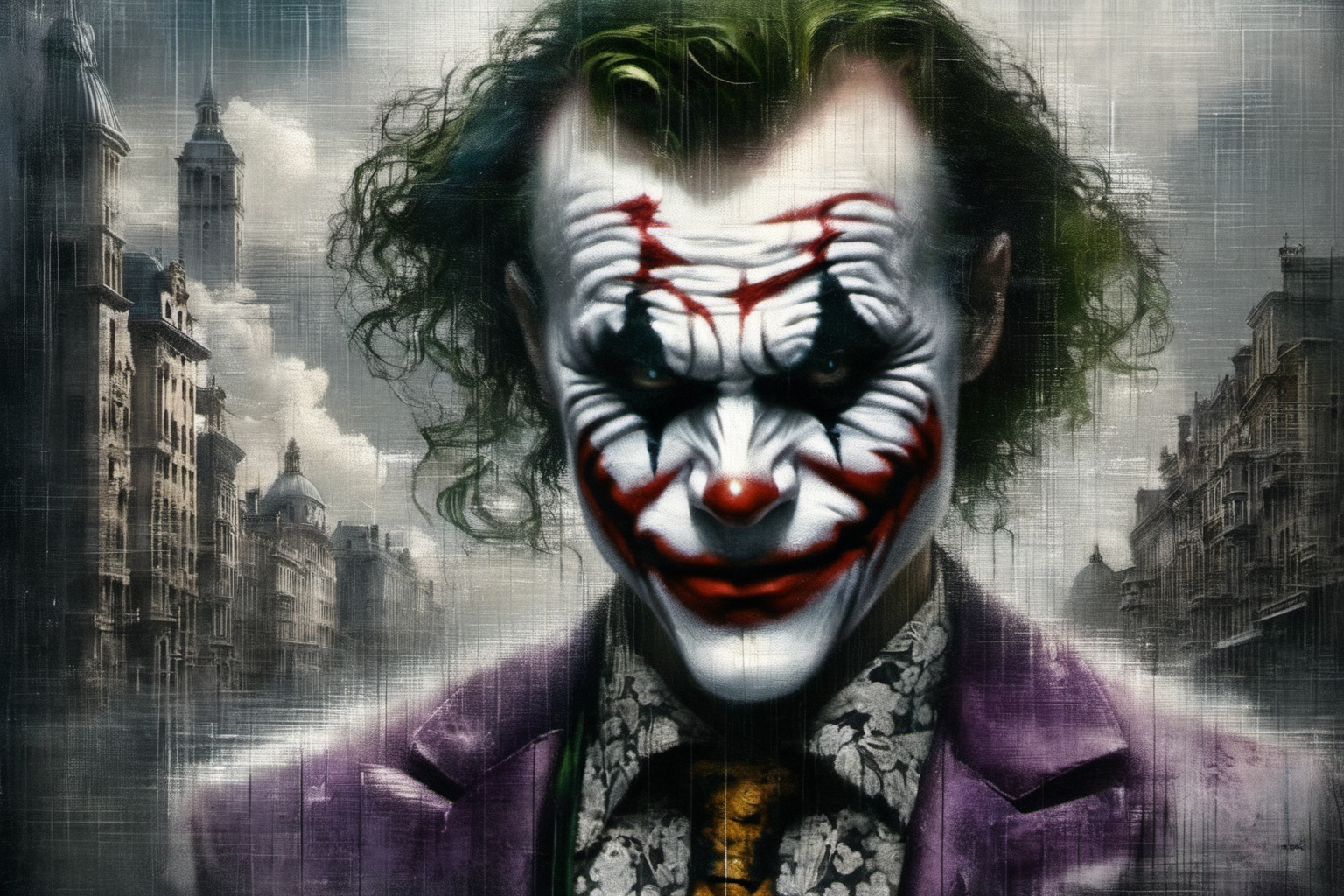 Double Exposure: portrait oil painting,  of a ((((transparent "the Joker" with a double exposure city in his head and suit...