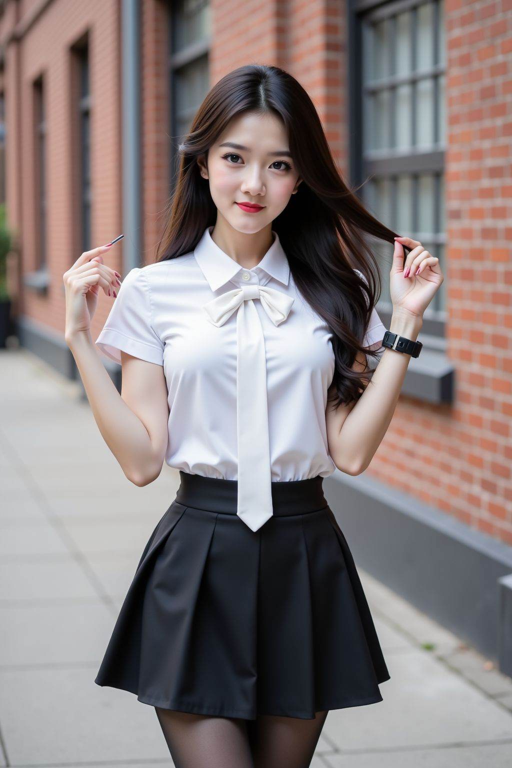 A young woman stands outdoors near a brick building with windows. She wears a white short-sleeved collared shirt paired with a tie that has a bow at the collar. Her skirt is a pleated design,and she has on black tights. Her long,dark hair flows down her back,and she wears a black wristwatch on her left wrist. One hand is raised,gently lifting a strand of hair,while the other hand rests by her side. The background features a brick wall with a window and a sidewalk,with some blurred architectural details. The overall scene is well-lit,suggesting daytime.,