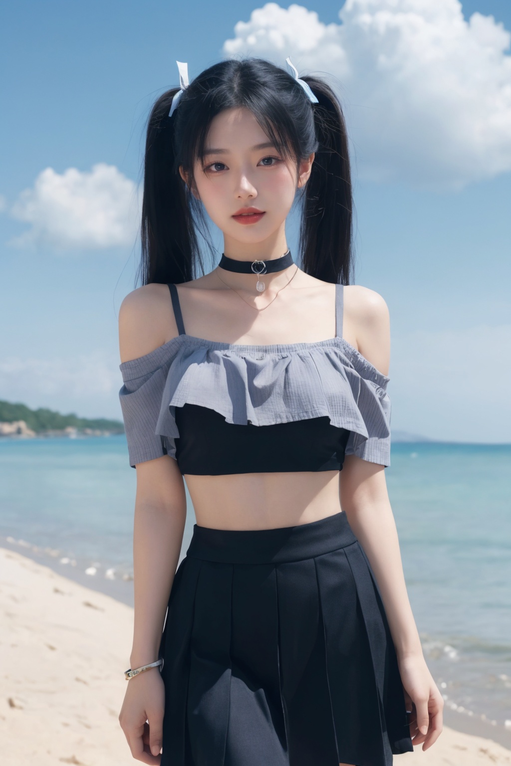 1girl,beach, black choker, black skirt, blue hair, blue sky, bra strap, bracelet, breasts, choker, cloud, cloudy sky, cowboy shot, crop top, cross, day, hair ribbon, jewelry, lips, long hair, looking at viewer, midriff, navel, necklace, ocean, off-shoulder shirt, off shoulder, outdoors, pleated skirt, ribbon, shirt, skirt, sky, smile, solo, standing, twintails,<lora:美女:0.8>