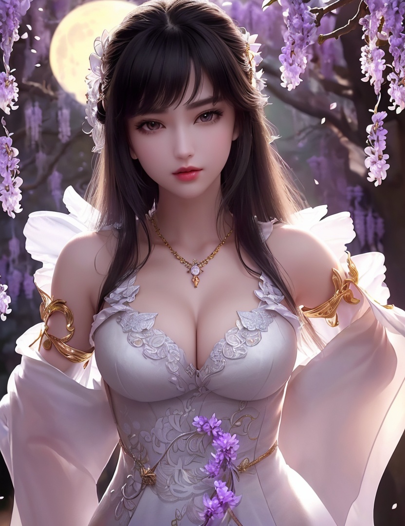 ultra realistic 8k cg, picture-perfect face, flawless, clean, masterpiece, professional artwork, famous artwork, cinematic lighting, cinematic bloom, perfect face, beautiful face, fantasy, dreamlike, unreal, science fiction,   lace, lace trim, lace-trimmed legwear,  (rich:1.4), prestige, luxury, jewelry, diamond, gold, pearl, gem, sapphire, ruby, emerald, intricate detail, delicate pattern, charming, alluring, seductive, erotic, enchanting, hair ornament, necklace, earrings, bracelet, armlet,halo((,1girl, pov,))(((1girl, jewelry, solo,breasts, looking_at_viewer,  outdoors,  full moon,  upper body, wisteria, chloris garden,  cherry blossoms, )))    <lora:DA_YueChanTeen:0.6>