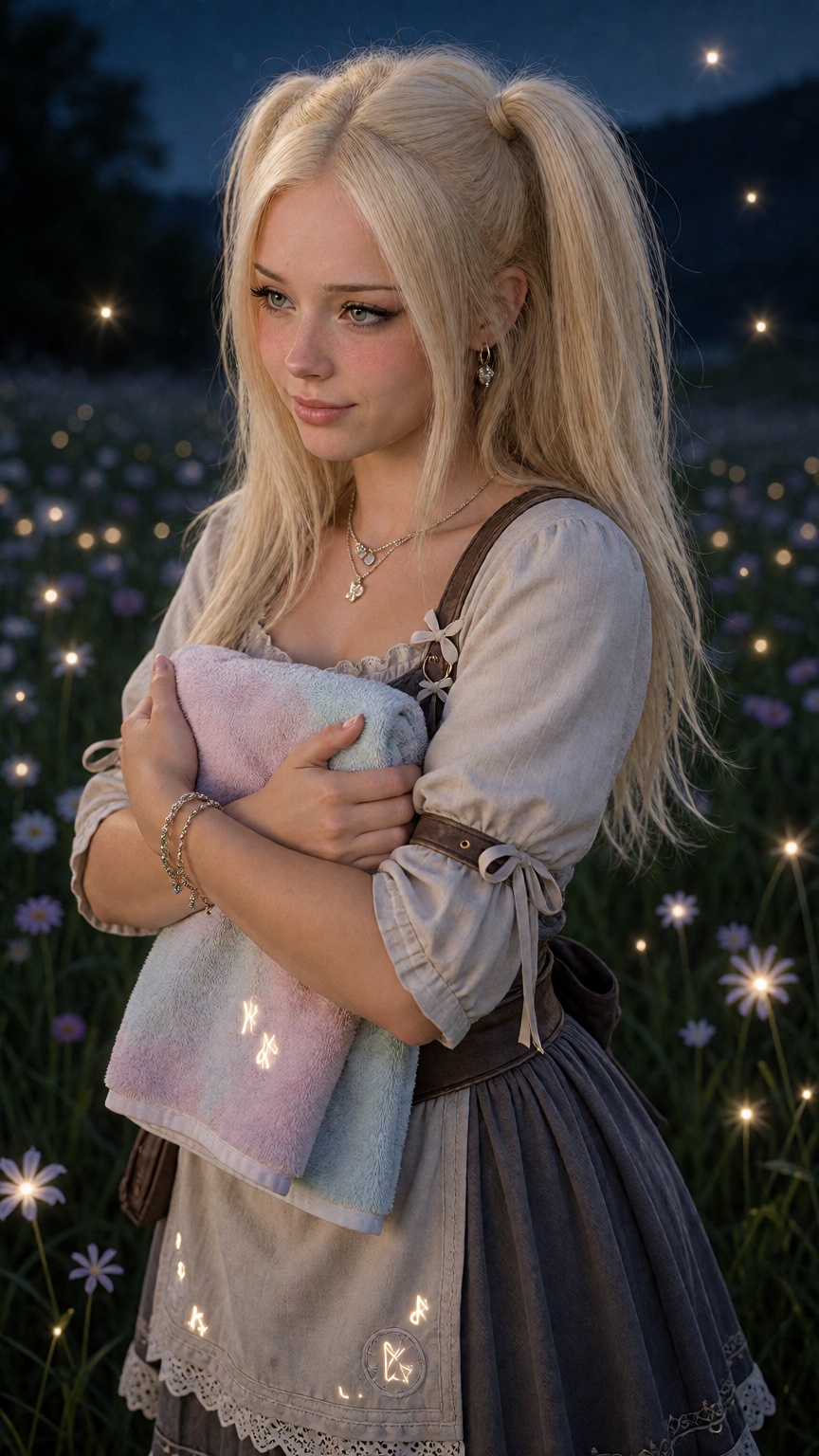 FayeX,  long platinum-blonde hair with a clean center part,  styled into high twin ponytails with smooth straight lengths...