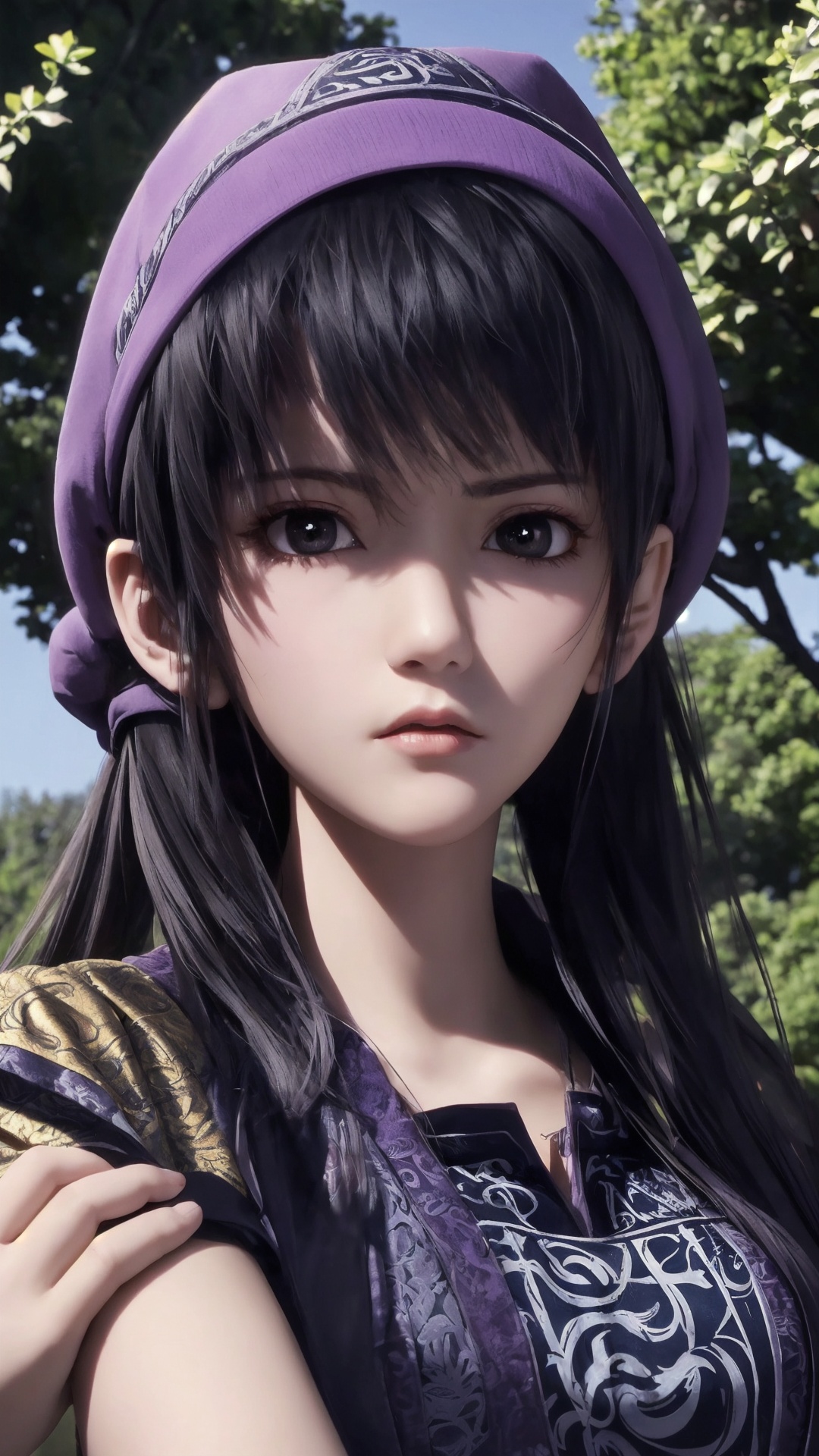 The image is a close-up portrait of a young woman with dark hair and a purple hat. She is wearing a black and gold outfit with intricate patterns and designs. The woman is holding a sword in her right hand and appears to be ready for battle. She has a serious expression on her face and is looking directly at the camera. The background is blurred,but it seems to be an outdoor setting with trees and a blue sky. The overall mood of the image is intense and dramatic.,<lora:1.5端木蓉(7):0.8>,