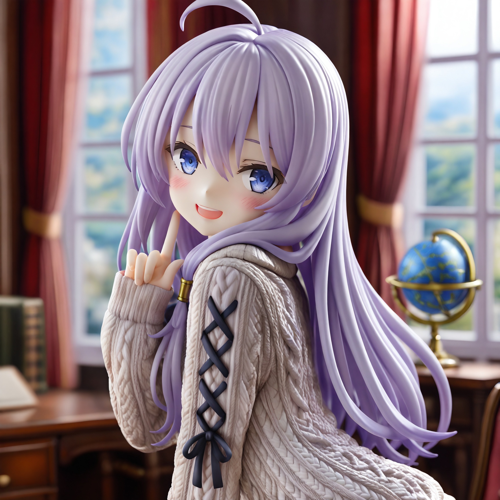 masterpiece,absurdres,best quality,high quality,chromatic_aberration,//,1girl,solo,blue eyes,ahoge,smile,sweater,long hair,globe,sleeves past wrists,cable knit,aran sweater,purple hair,blurry,open mouth,looking at viewer,hair between eyes,:d,window,blush,elaina (majo no tabitabi),blurry background,long sleeves,looking to the side,indoors,depth of field,teeth,unicorn (azur lane),upper body,index finger raised,upper teeth only,white sweater,finger to cheek,chair,from side,brown sweater,hand up,curtains,day,grey sweater,looking back,desk,//,<lora:PVC8——【CKXL】hans:0.75>,