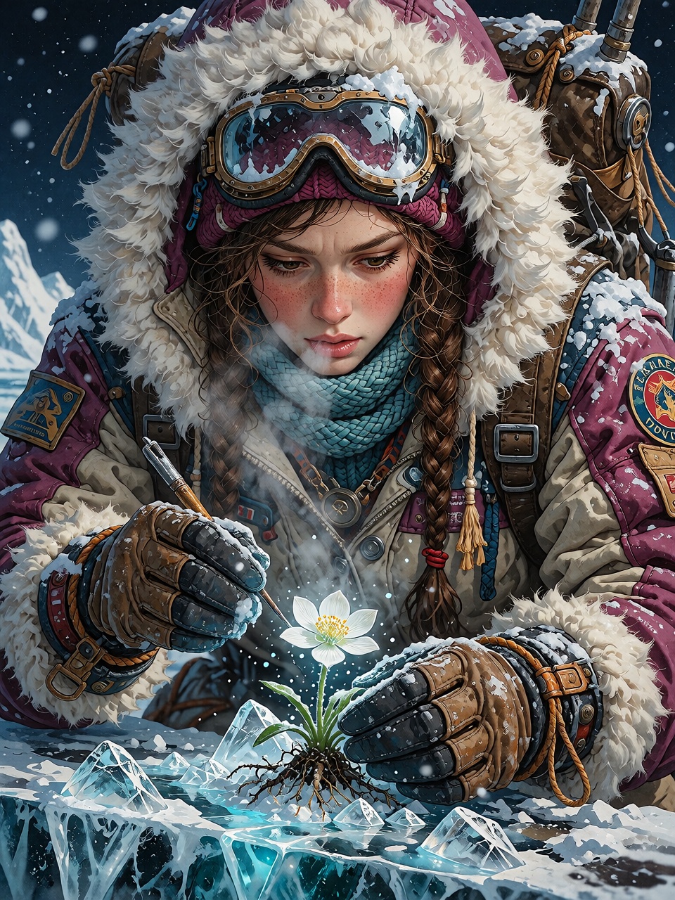A determined young female Arctic botanist examining a delicate glowing flower growing from crystalline ice,  wearing an el...