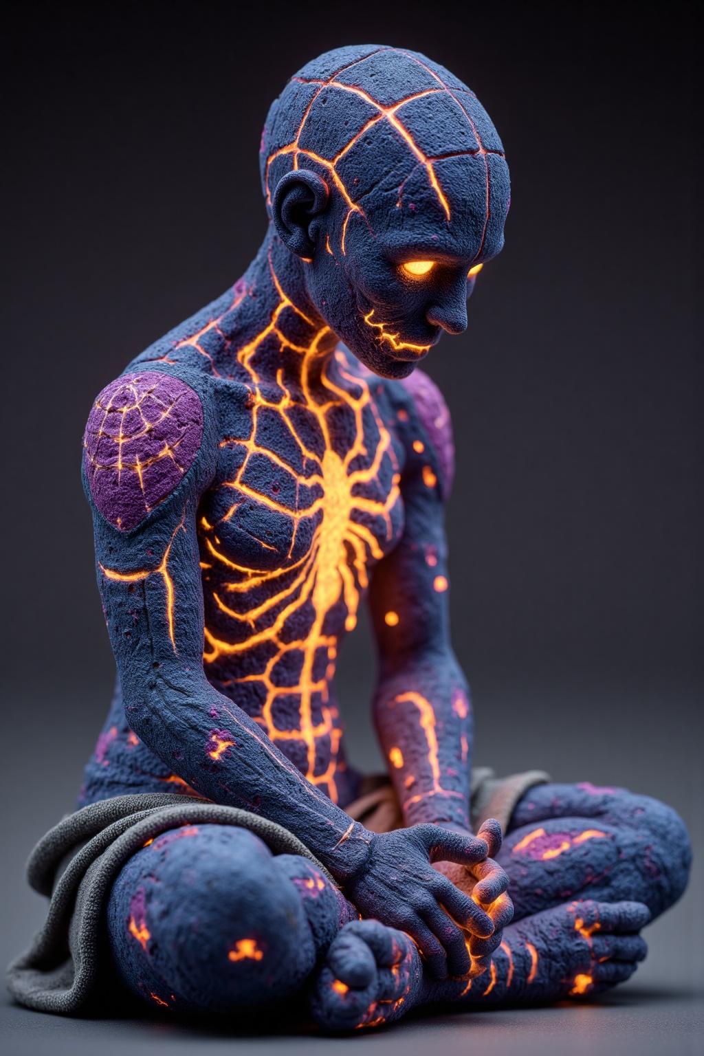 beijihui,a close-up shot captures a statue of a seated creature,adorned with a purple body and a spider web design. The creature's face is adorned with glowing orange lights,adding a pop of color to the scene. The statue's arms and legs are draped in a gray blanket,adding depth to the composition. The background is a solid gray,creating a stark contrast to the statue.,