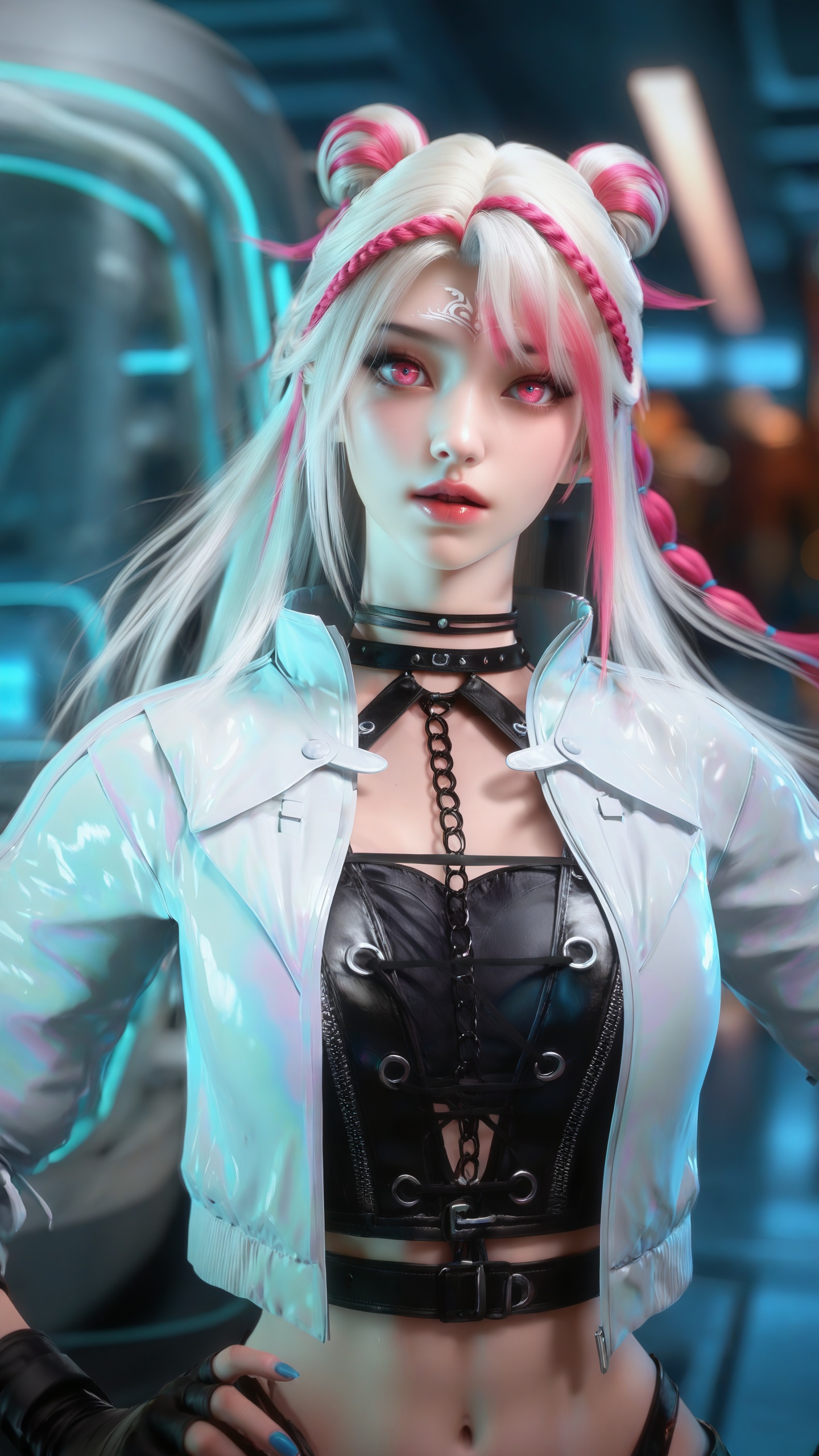 <lora:Janus-南小橙-克金玩家-天海IL:0.8>,<lora:illustriousXLv01_stabilizer_v1.185c光辉细节增加:0.3>,Janus,1girl,solo,long hair,breasts,shirt,gloves,navel,jewelry,pink eyes,medium breasts,looking_at_viewer,jacket,blue_nails,white hair,multicolored hair,pink braid,open clothes,black gloves,choker,fingerless gloves,necklace,hair bun,streaked hair,crop top,black choker,double bun,makeup,white jacket,cropped jacket,science fiction,realistic,depth of field,motion_lines,speed_lines,portrait,, surreal,photorealistic,masterpiece,best quality,cinematic lighting,