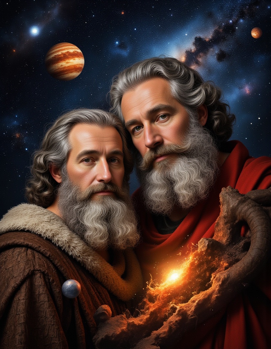 F1AlistdBolatu,A cosmic portrait of two historical figures, set against a backdrop that merges classical art with modern astronomy.,<lora:FLUX.阿里斯多德＆柏拉图F1AlistdBolatu:1>,