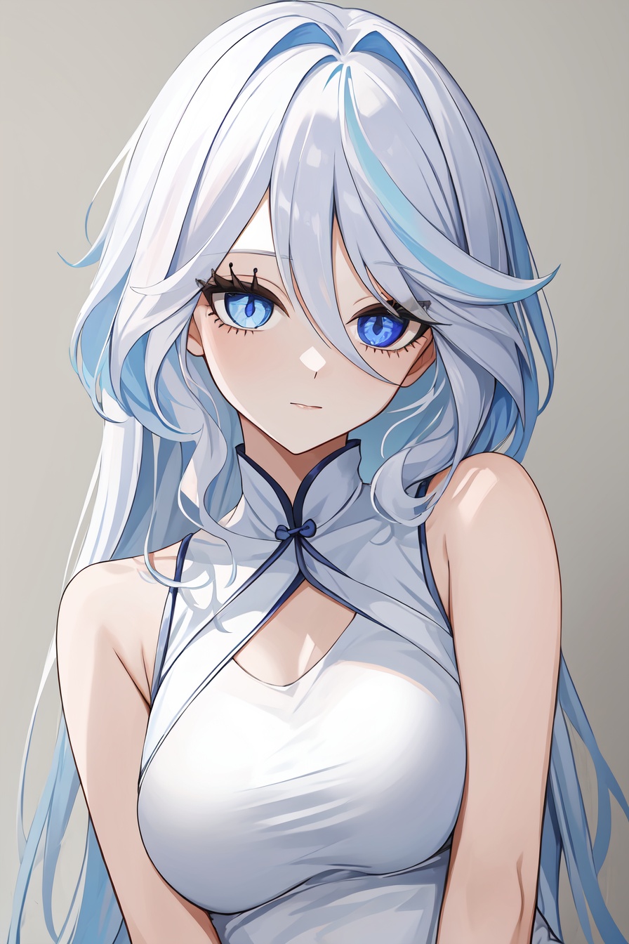 Furina,1girl,solo,long hair,blue eyes,white hair,(chinese dress:1.1),heterochromia,detailed eyes,<lora:furina-000015:0.8>,(sleeveless:1.2),, 1girl,,  (masterpiece,best quality:1.2),absurdres
