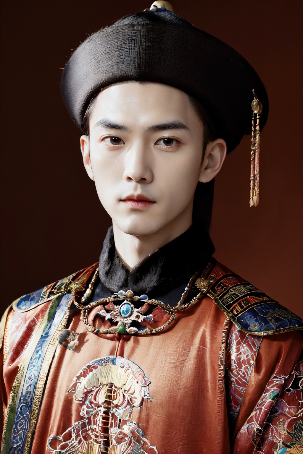 male,masterpiece,best quality,<lora:清代宫廷人设>,close-up,qing dynasty clothing,portrait,ancient china,simple_background,portrait,looking at the camera,