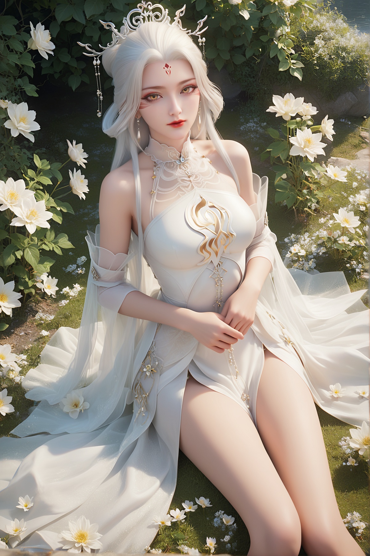 score_9,score_8_up,score_7_up,<lora:wy_xiaobai_by_XL7.0:0.8>,1girl,long hair,breast,medium breasts,earrings,hair_ornament,dress,white hair,yellow eyes,white_dress,thick_thighs,flower,many flowers,very many flowers,wetting,dark,sitting,on_ground,from_above,forehead mark,