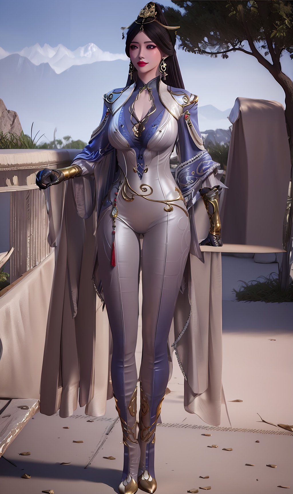 3D,masterpiece,(best quality),(makeup),official art, extremely detailed cg 8k wallpaper,((crystalstexture skin)), (extremely delicate and beautiful),(highly detailed),(1girl), (solo), (jewelry), (earrings),(black_hair),(long_hair),(hair_ornament),(handwear),(breasts),(standing),(collar),(tassel),(tiara),(crown),,((full_body,whole_body)),(multicolored_clothes),(multicolored_dress),(gloves),(cleavage),(bodysuit),(chinese_clothes),(adapted_costume),(long_legs),(gold_trim),(pants),(pantyhose),(sunshine, outdoor),((looking_at_viewer)),((Facing the camera)), (high_heels),(boots),, <lora:hipoly3DModelLora_v10:0.3>