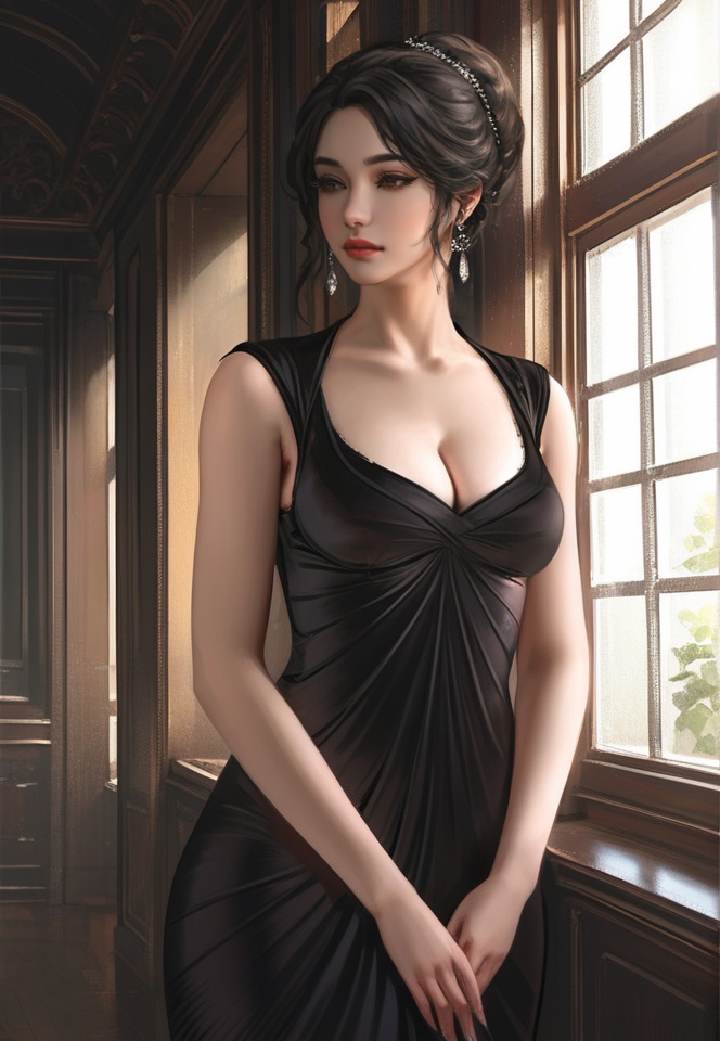 (best quality), ((masterpiece)), (highres), illustration, original, extremely detailed, lll, 1girl, breasts, solo, dress, cleavage, black hair, window, black dress, medium breasts, indoors, jewelry, earrings, realistic, looking to the side, sleeveless