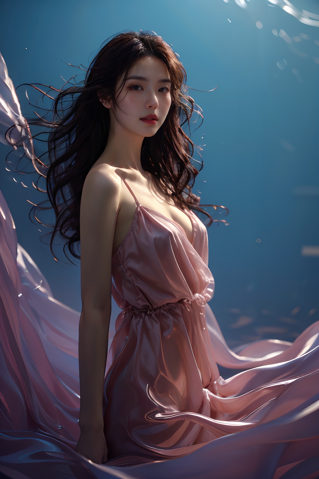 sd mai, piao, 1girl, solo, long hair, brown hair, dress, breasts, realistic, parted lips, looking at viewer, bare shoulders <lora:飘piao:0.7>