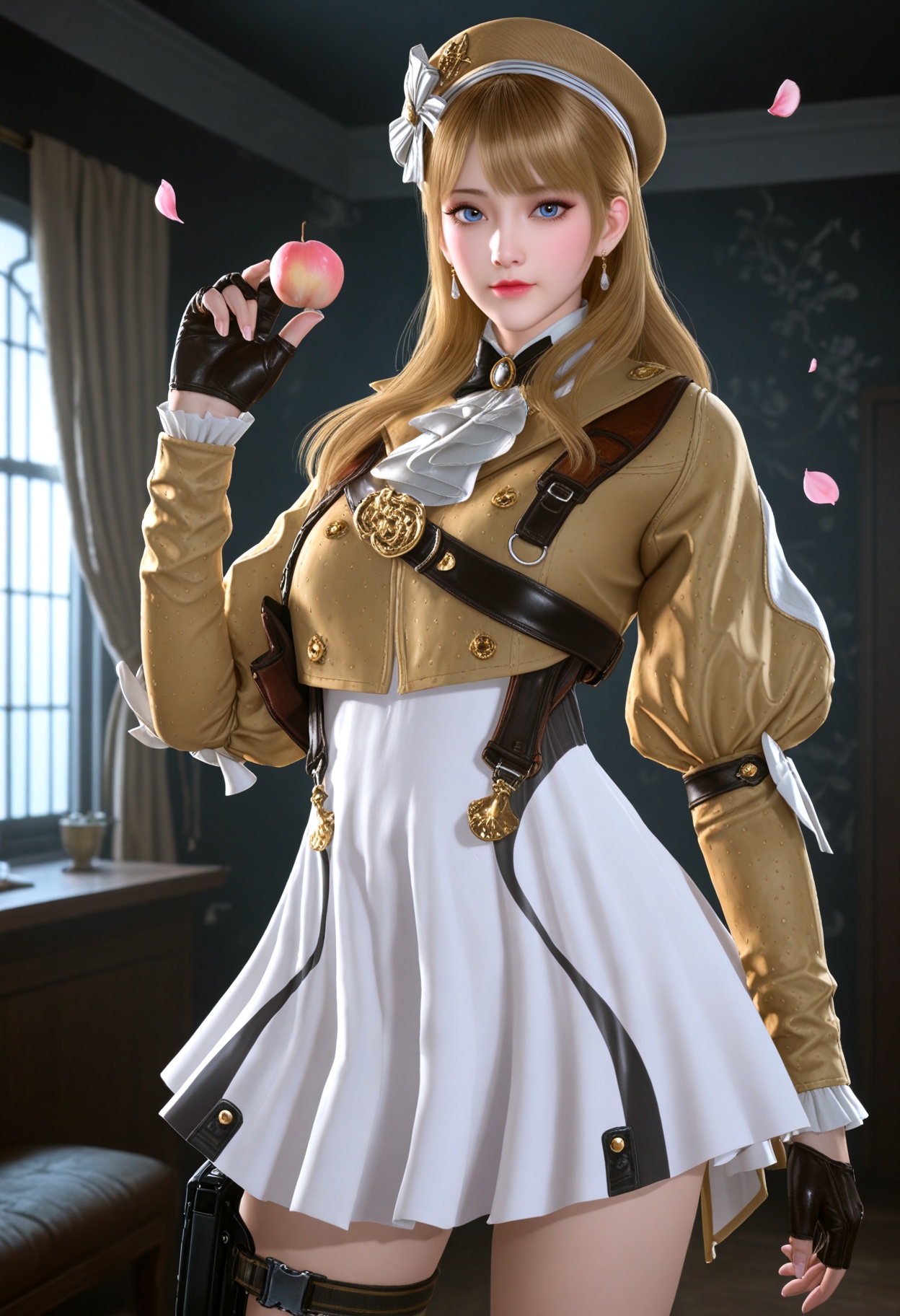 (full_body:1.1),(gigantic breasts:0.6),(slender:1.3),(looking_at_viewer:1.1),(masterpiece:1.1),(best quality:1.2),(intricate details),(smog:1.3),(Dark room:1.3),(dim lighting:1.3),peach blossom,falling petals,<lora:YQ_Illustrious光辉v5_云悠悠_潜伏者_V1:0.8>,q1528437228,1girl,solo,hat,long hair,blonde hair,brown hair,beret,black boots,long sleeves,skirt,blue eyes,gloves,dress,thigh strap,jewelry,earrings,ascot,puffy sleeves,white skirt,holster,bow,jacket,black gloves,white bow,cropped jacket,masterpiece,(best quality),(intricate details:0.9) BREAK (intricate details:0.9),(realistic skin:1.2),masterpiece,best quality,newest,absurdres,hiahres,