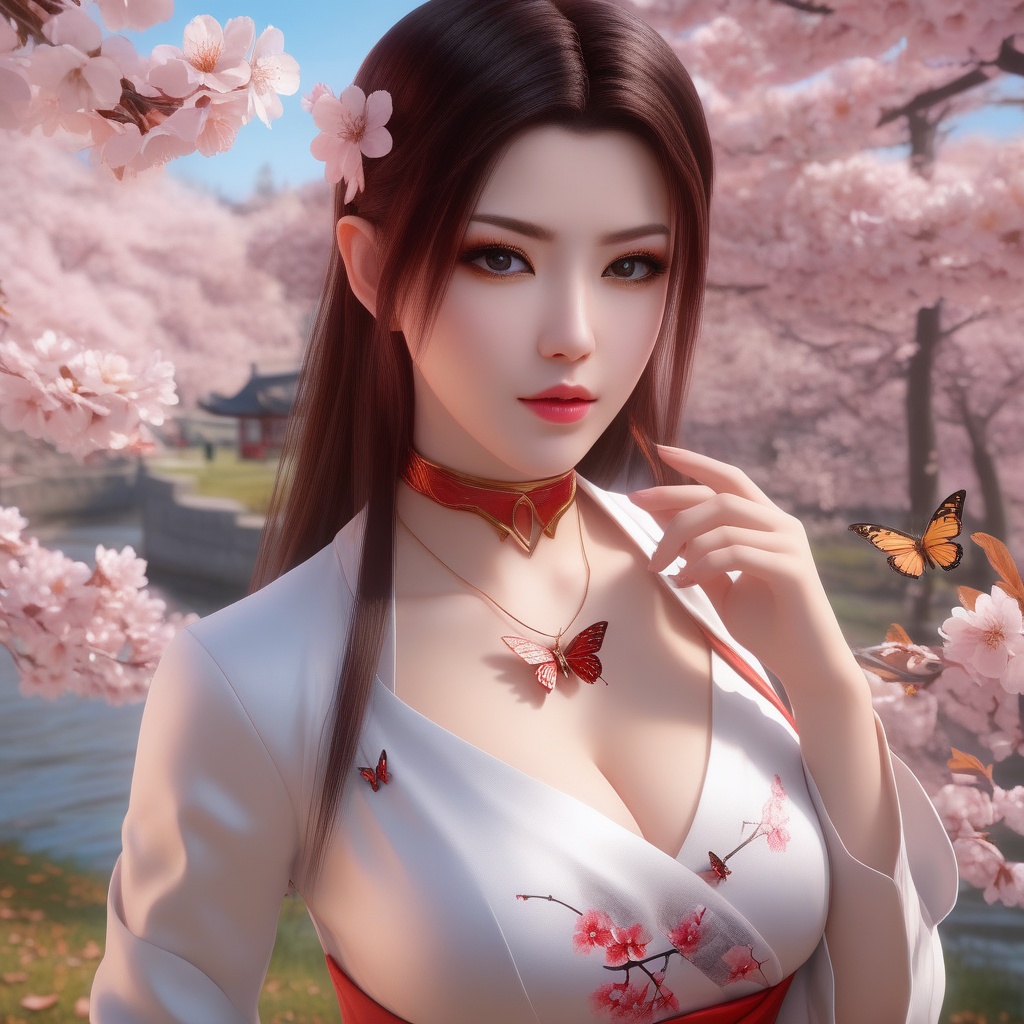 <lora:850-DA-XL-斗破苍穹-美杜莎-红色睡衣:0.8>, (,1girl, ,best quality, ),,  ,ultra detailed 8k cg,ultra realistic 8k cg, ,masterpiece, (( , )),, ,science fiction,mole, ,    ,(,cherry blossoms, autumn leaves,perfect cherry blossom,   ), (cleavage),, butterfly,