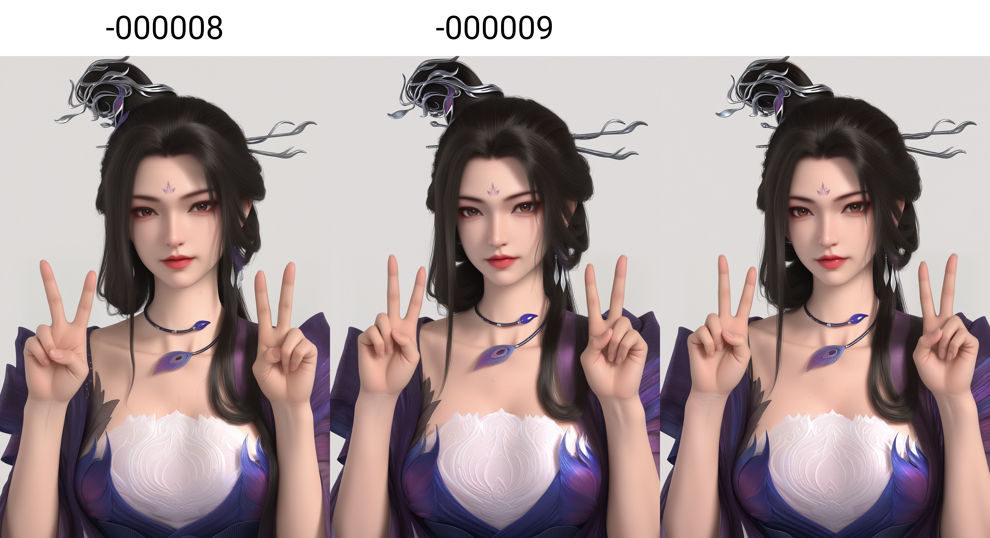 (score_9),masterpiece,best quality,absurdres,highres,(white_skin),(sweaty skin),(Ivory_skin),light_skin,(very sweaty),BREAKmature female,collarbone,<lora:风秋雨2-ill-000008:0.85>,1girl,solo,brown eyes,long hair,black hair,hair ornament,forehead mark,choker,(updo),sheer ruffled sleeves,flowing long gown,layered dress,jewelry,earrings,(large teardrop breasts),(large breasts),BREAKlooking at viewer,front view,upper body,(double v),BREAKsimple background,white background,